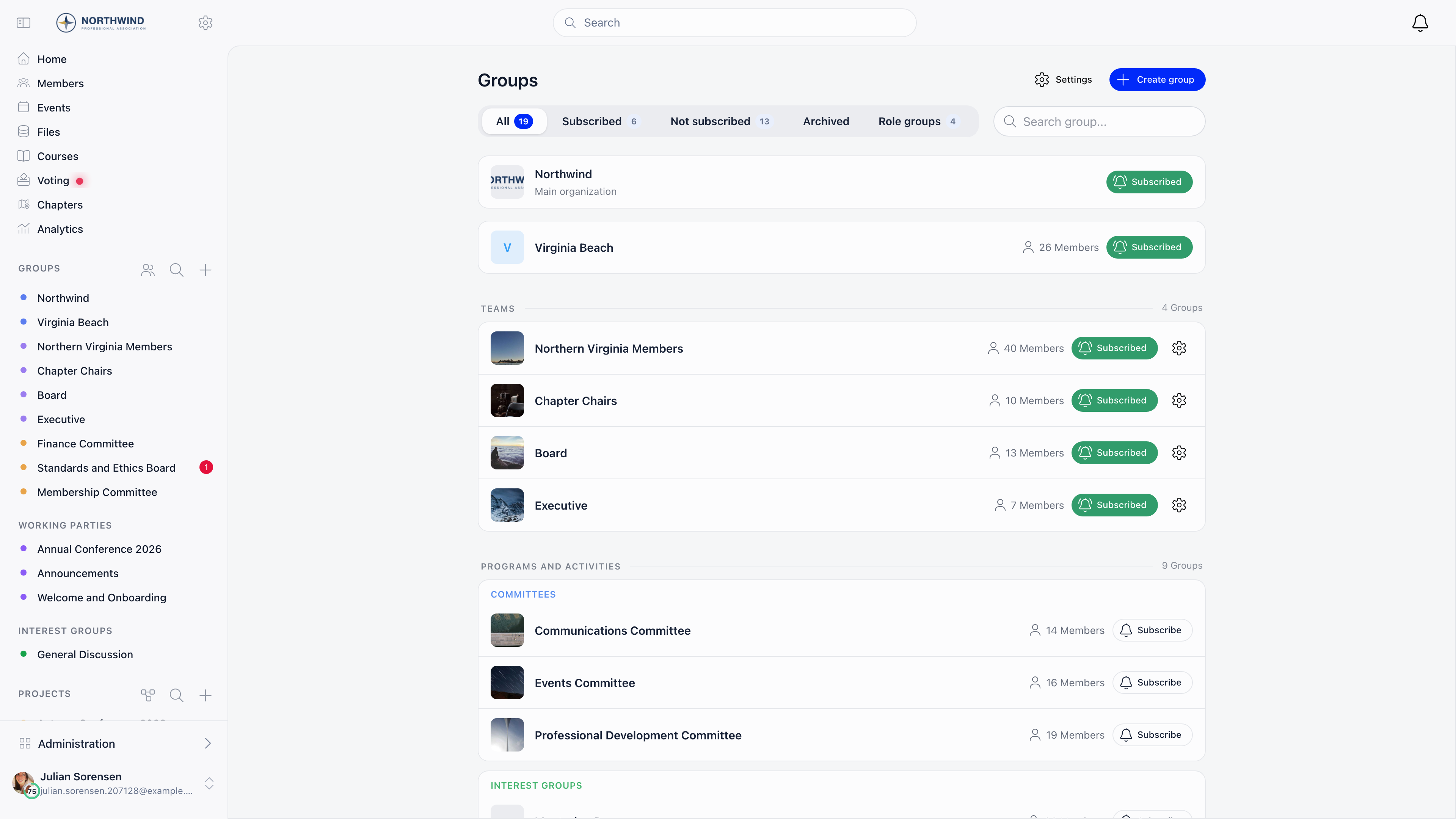 Groups page showing the organization card, the member's chapter, a Teams section for role groups, and Programs and activities grouped by category, each row with its member count