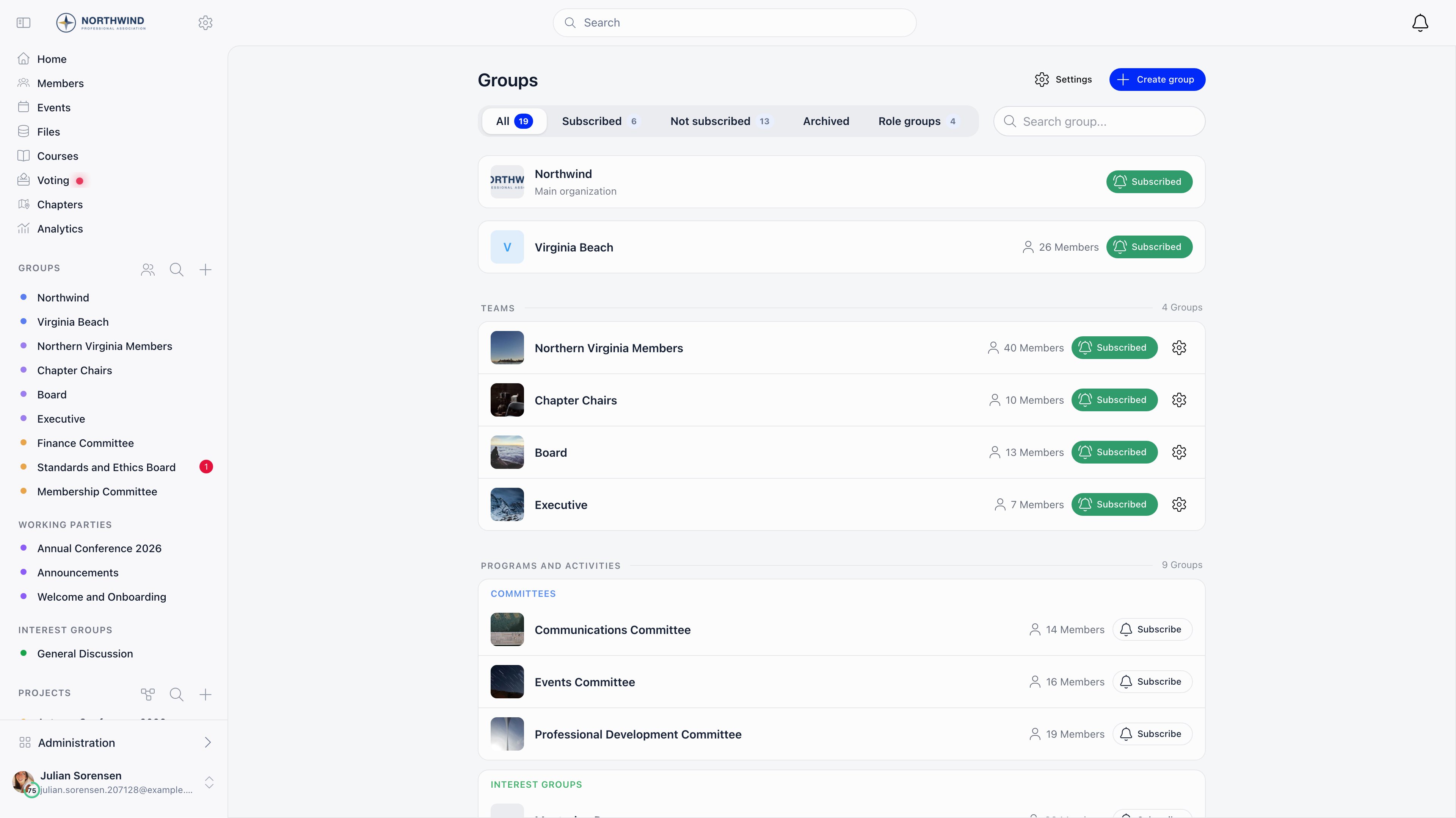 Groups page showing the organization card, the member's chapter, a Teams section for role groups, and Programs and activities grouped by category, each row with its member count