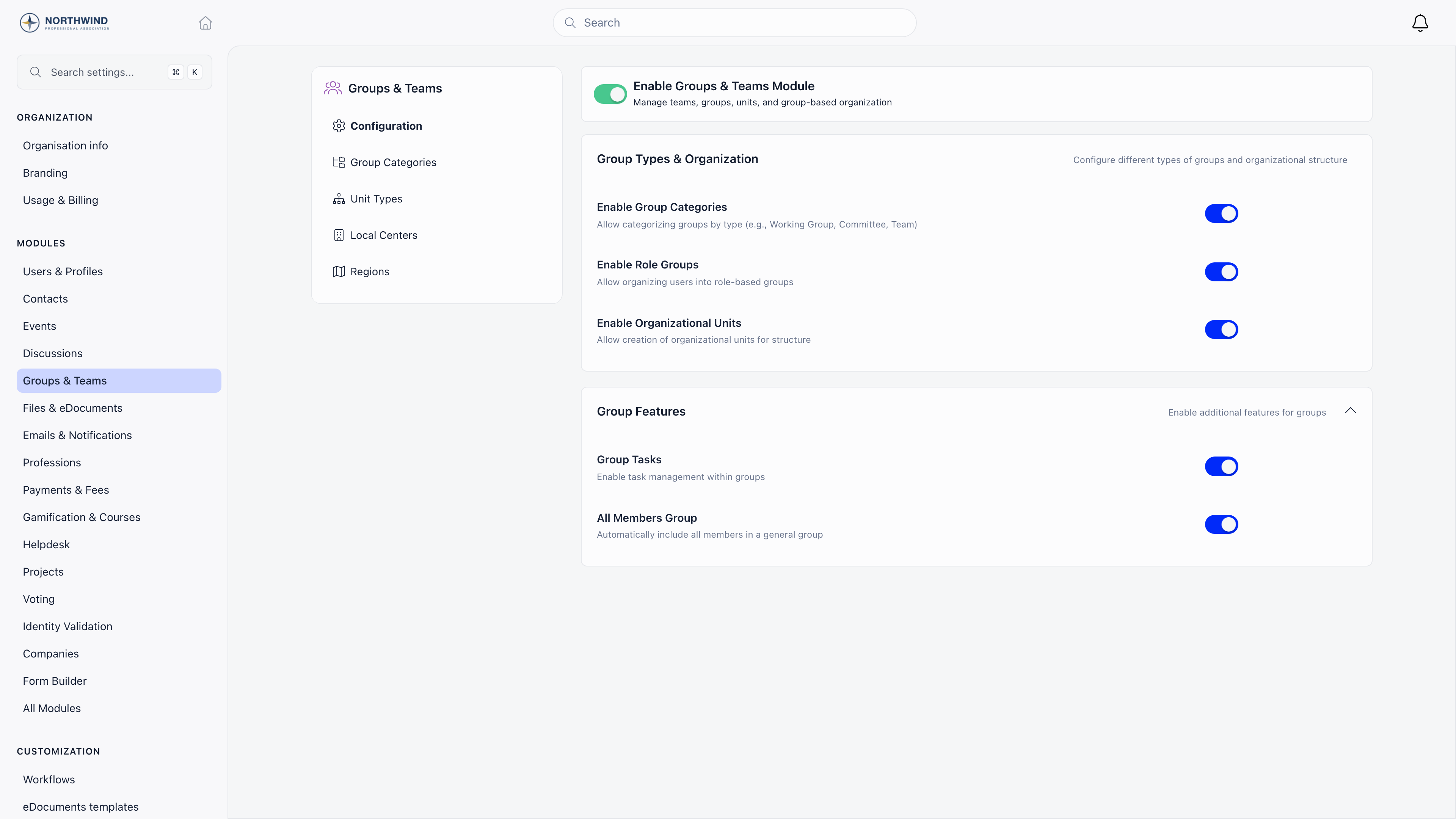 Groups and Teams module settings showing the master toggle plus Group Types and Group Features sections