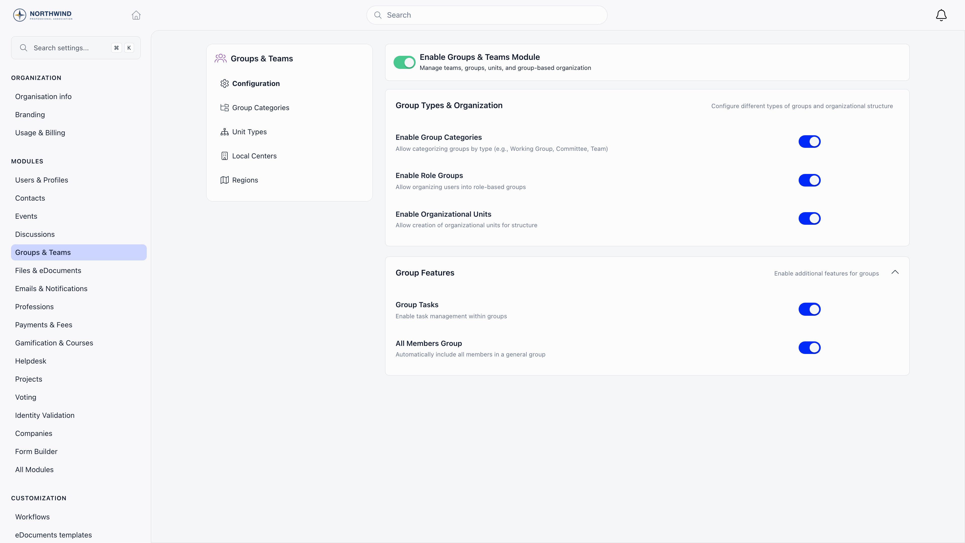 Groups and Teams module settings showing the master toggle plus Group Types and Group Features sections