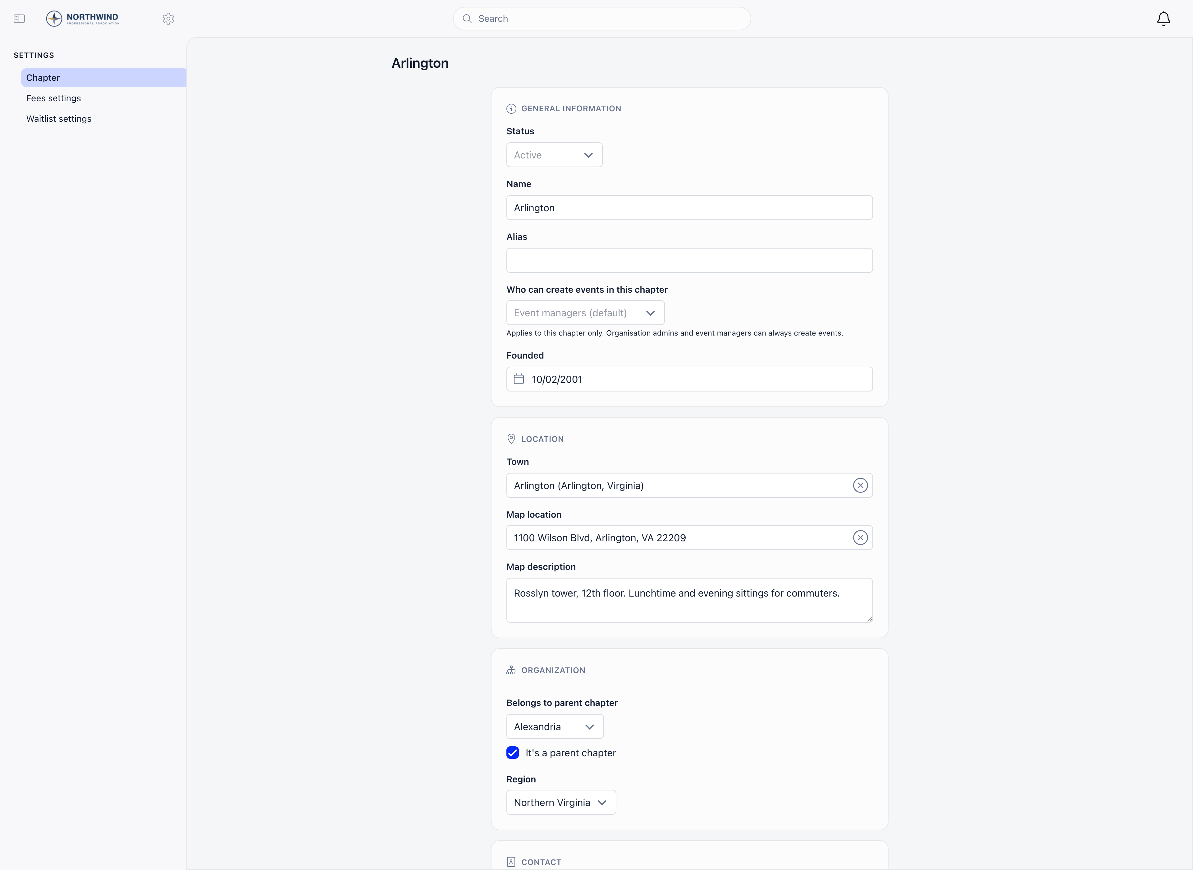 Chapter form showing the General information, Location and Organization sections with status, name, Alias, the who can create events selector, founded, town, map location, map description, the parent chapter selector, the parent chapter checkbox and the Region field