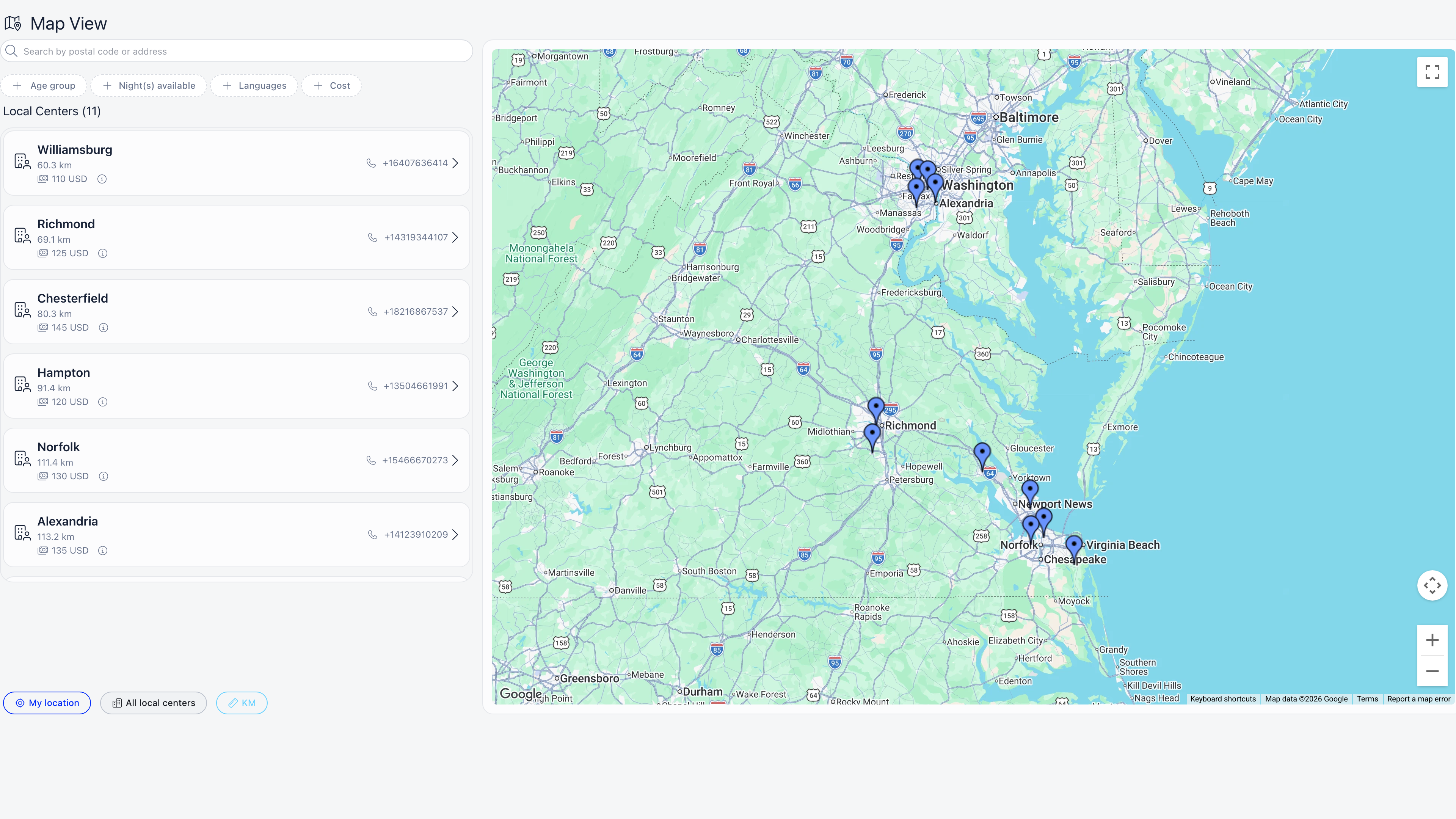 Public chapter finder with a postal code search box, age group, cost, night and language filters, a results list, and pins on a Google map