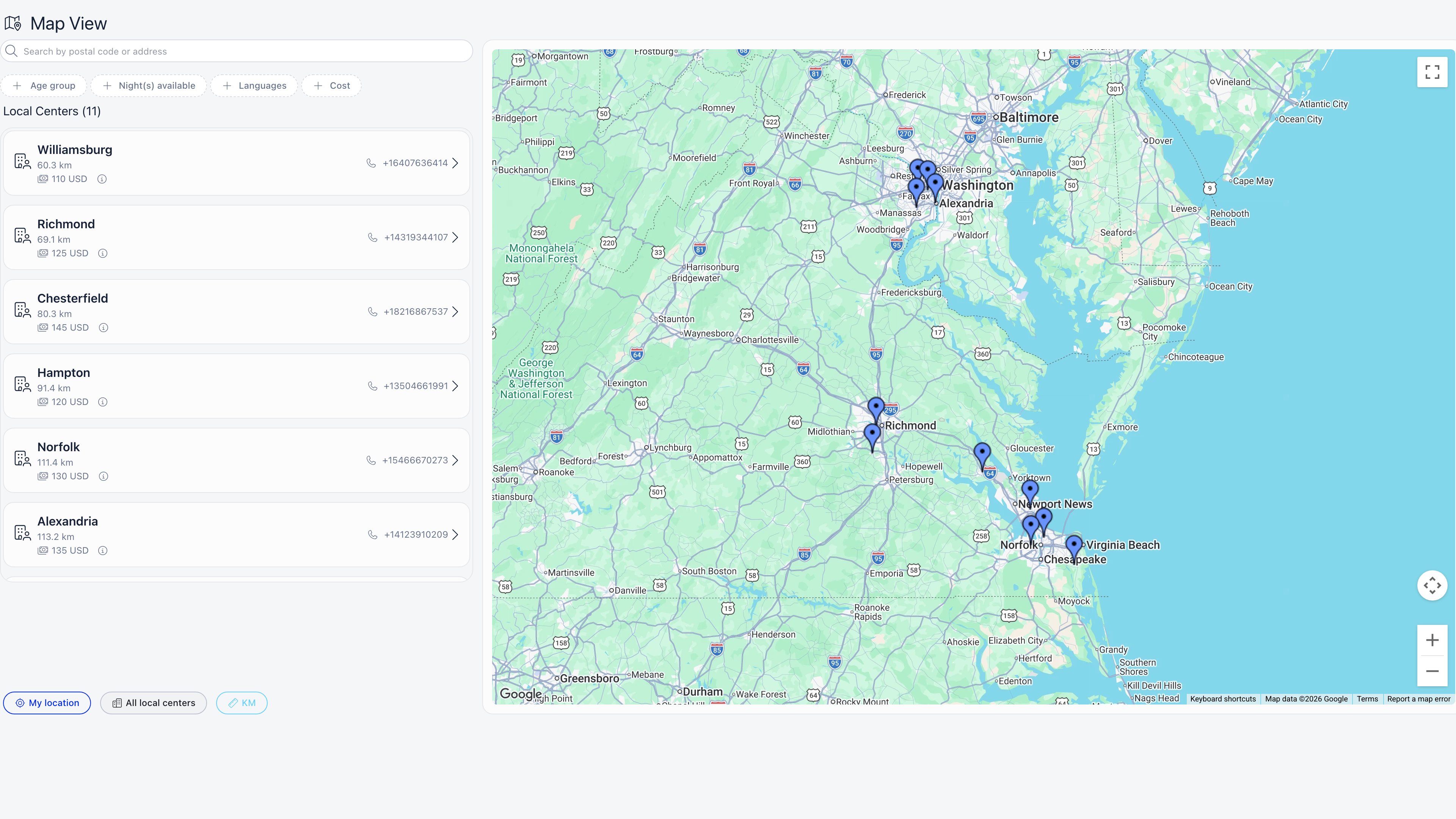 Public chapter finder with a postal code search box, age group, cost, night and language filters, a results list, and pins on a Google map