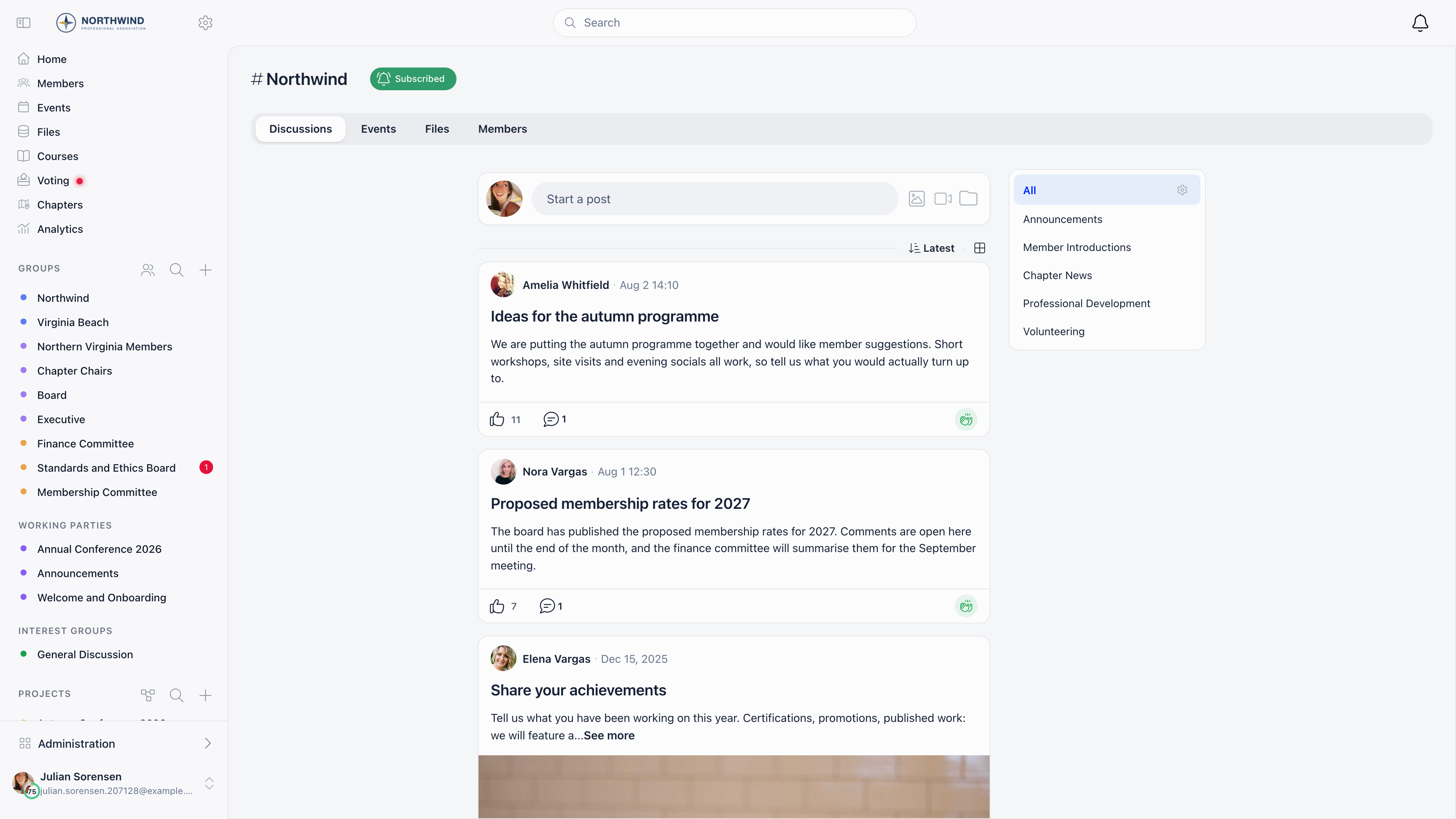 Organization-wide discussion feed with the organization name in the header and the Discussions, Events, Files and Members tabs