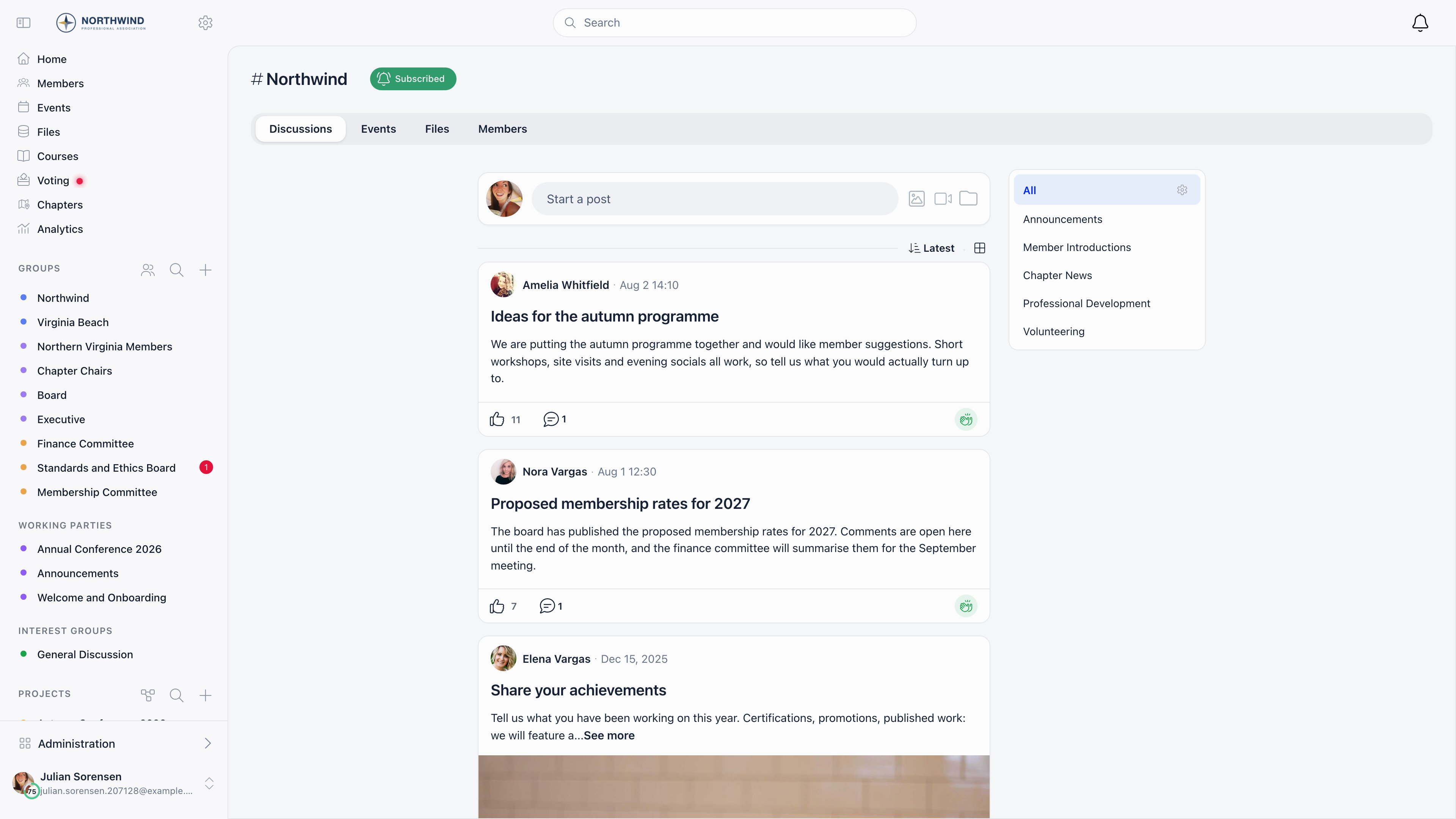 Organization-wide discussion feed with the organization name in the header and the Discussions, Events, Files and Members tabs