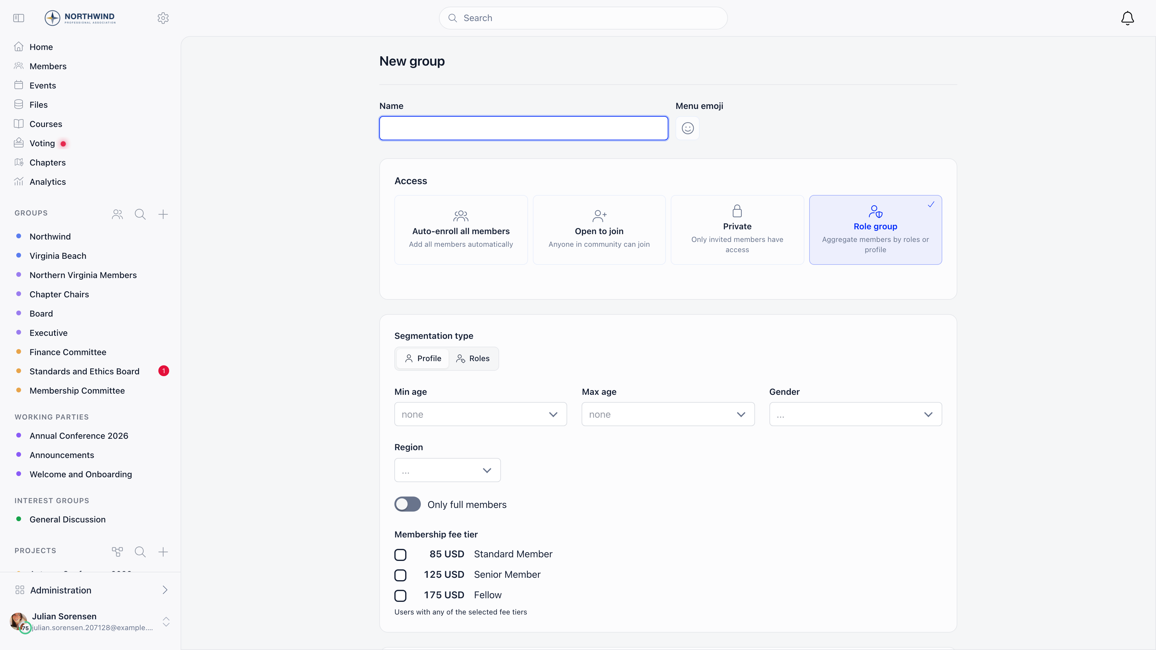 Role group criteria card with the Segmentation type toggle and the Min age, Max age, Gender, Region, Only full members and Membership fee tier fields