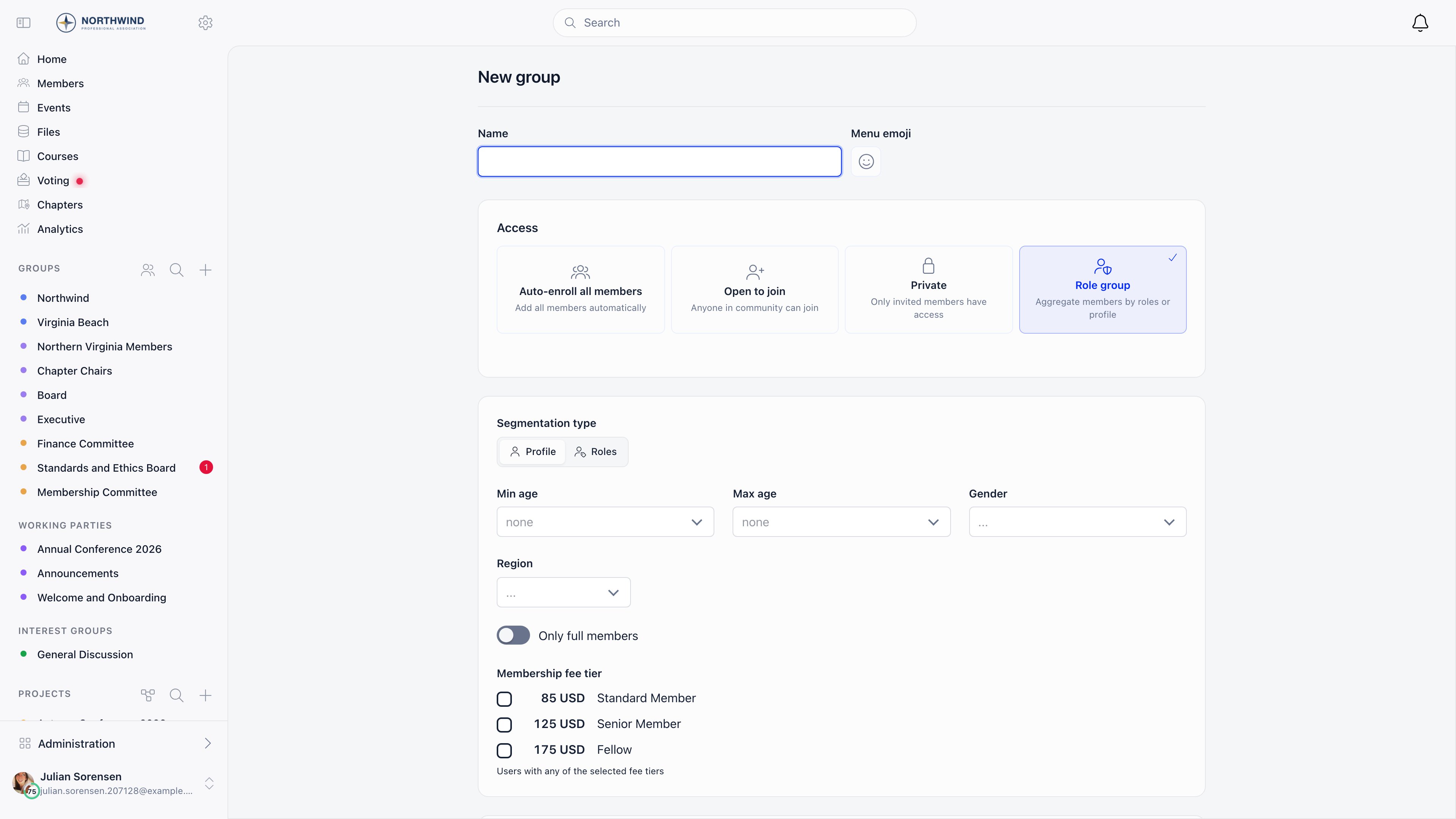 Role group criteria card with the Segmentation type toggle and the Min age, Max age, Gender, Region, Only full members and Membership fee tier fields