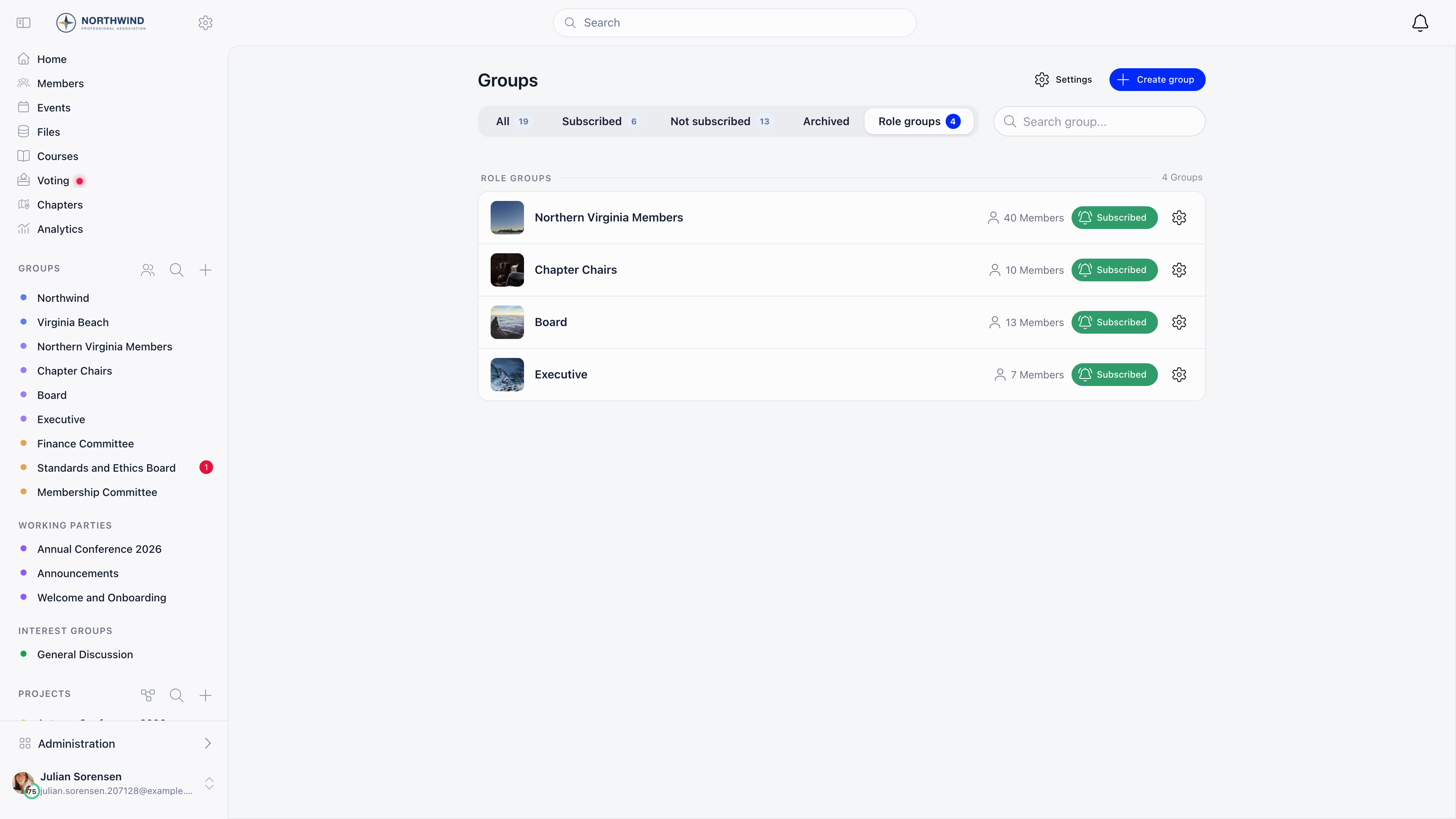 Groups page with the Role groups tab selected, listing the organization's role groups with an edit action on each