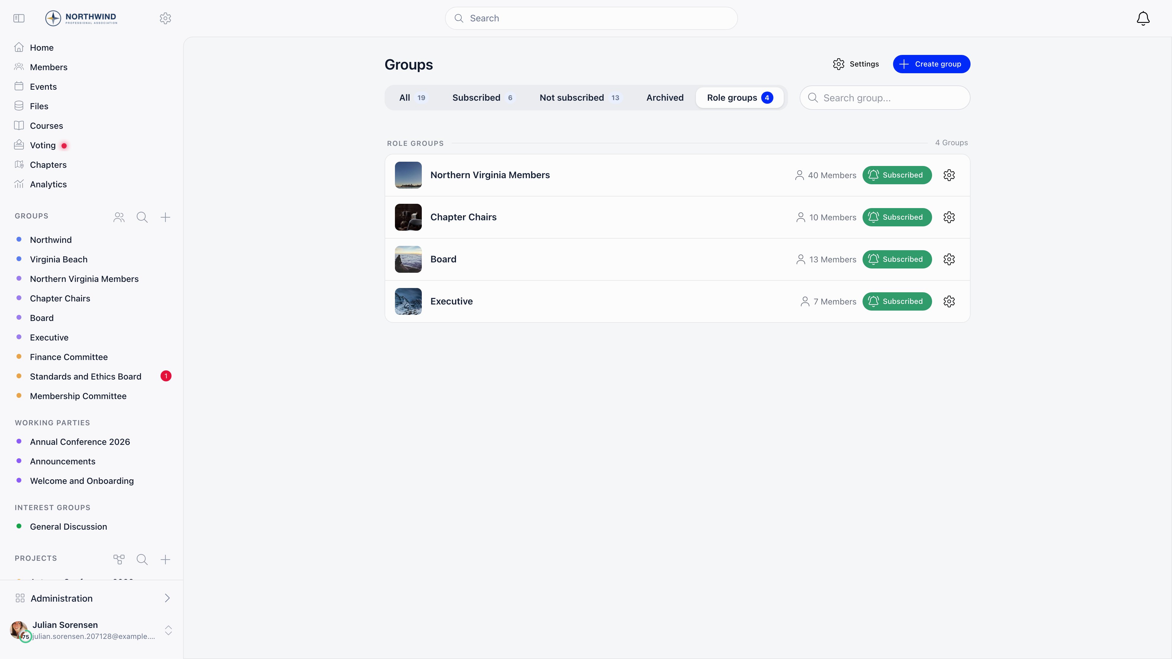 Groups page with the Role groups tab selected, listing the organization's role groups with an edit action on each