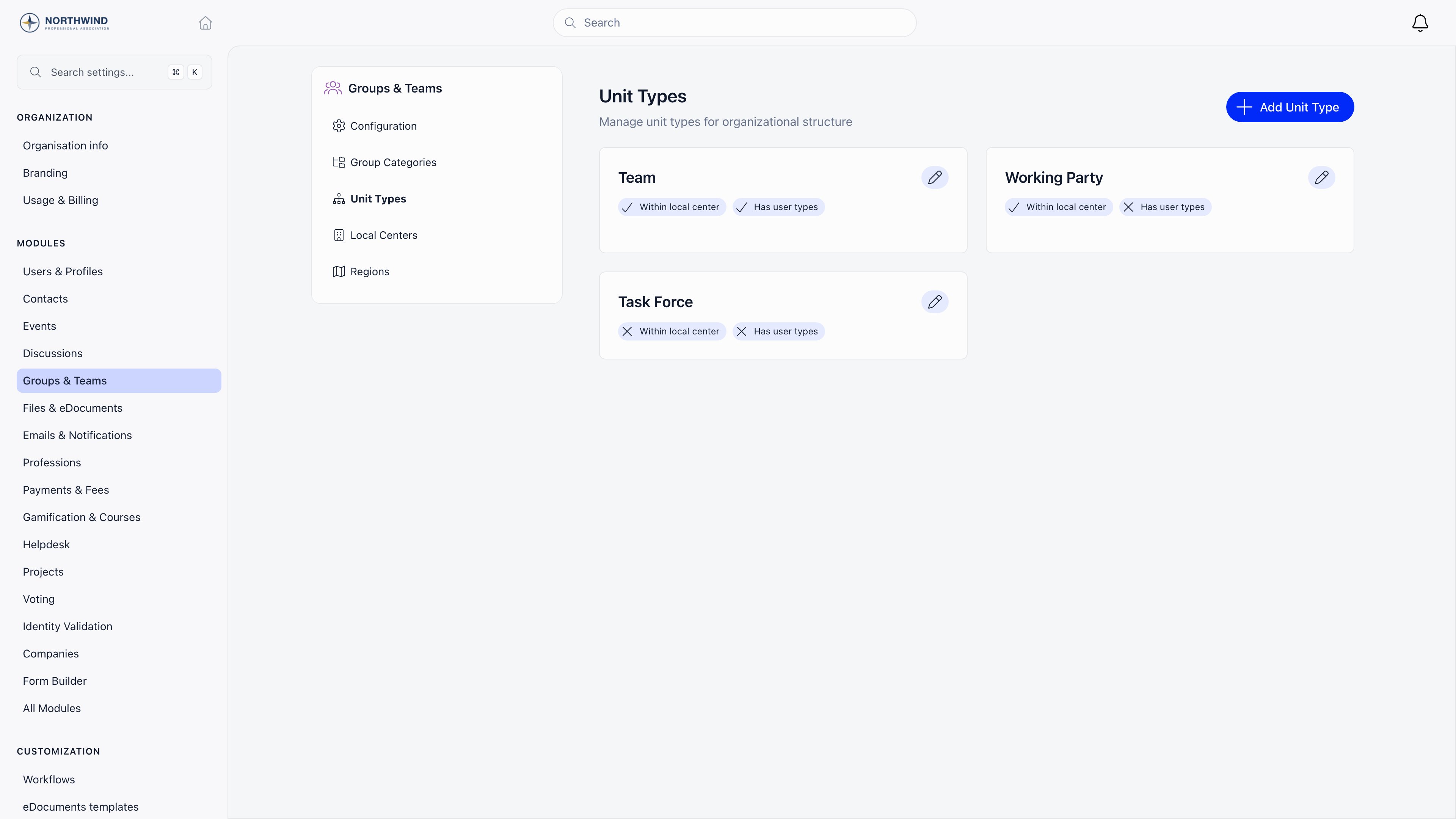 Unit Types settings page showing type cards with Within local center and Has user types badges