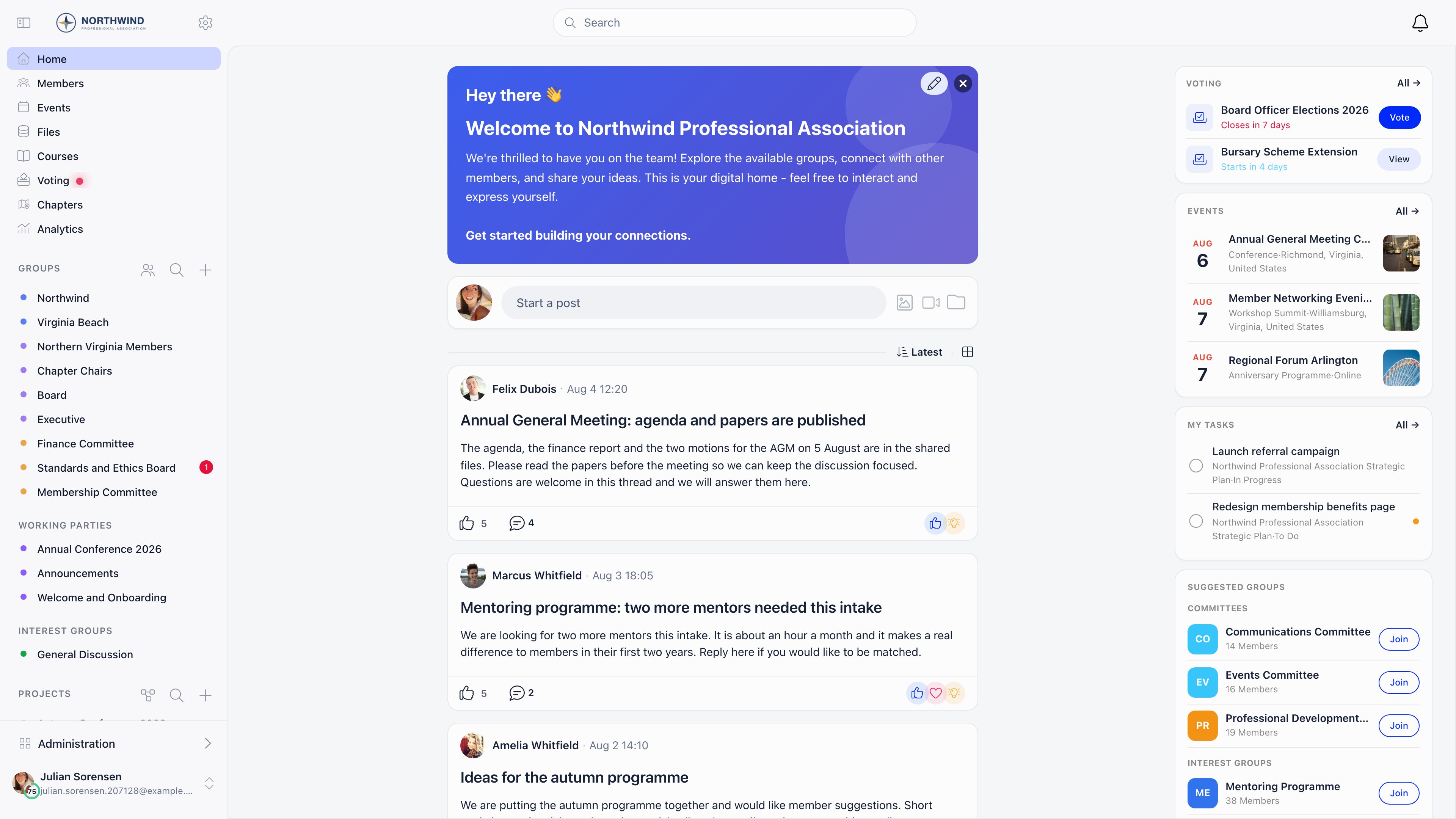 The Orgo member dashboard: welcome banner and discussion feed in the centre, group and committee navigation on the left, and voting, events, tasks and suggested-group widgets on the right