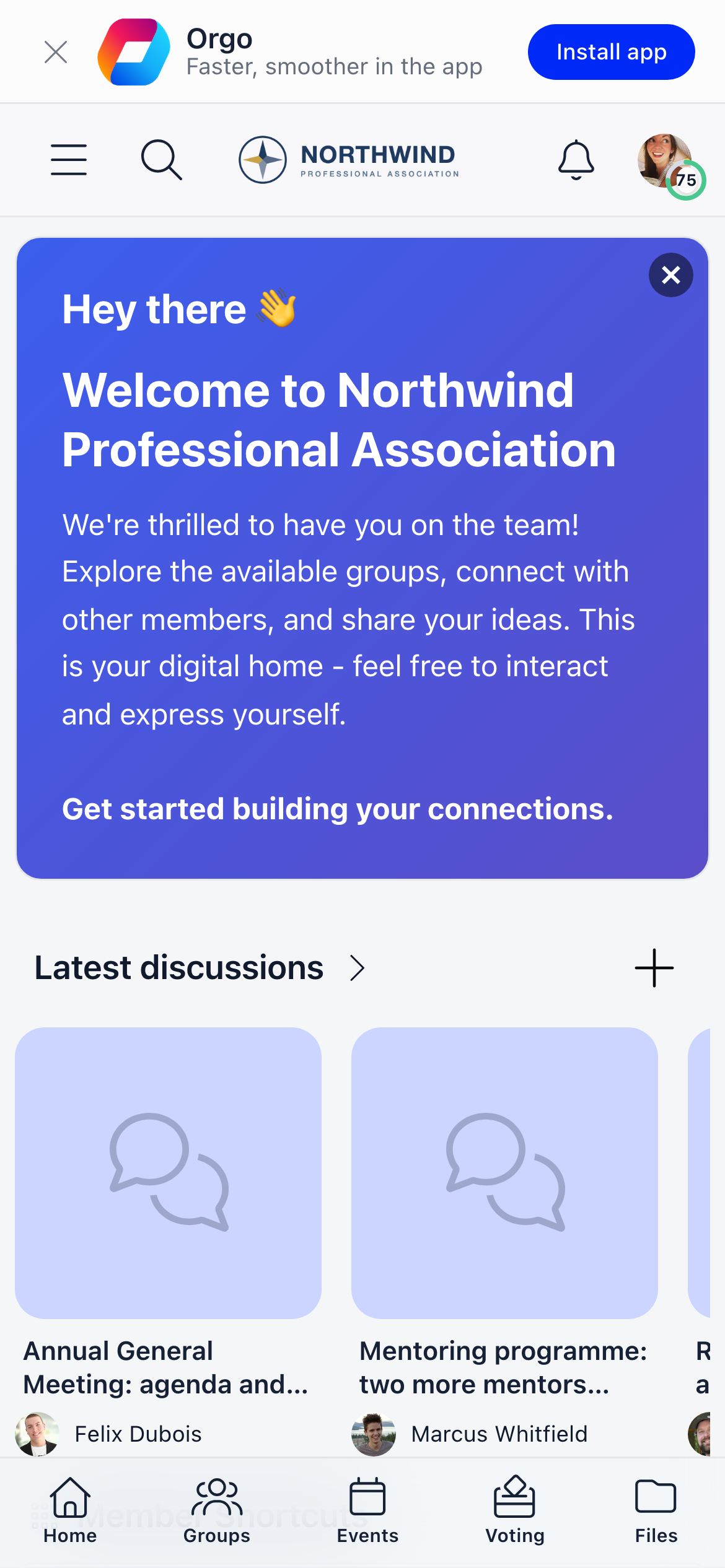 Install banner at the top of a mobile browser showing the app name, the line Faster smoother in the app, and an Install app button