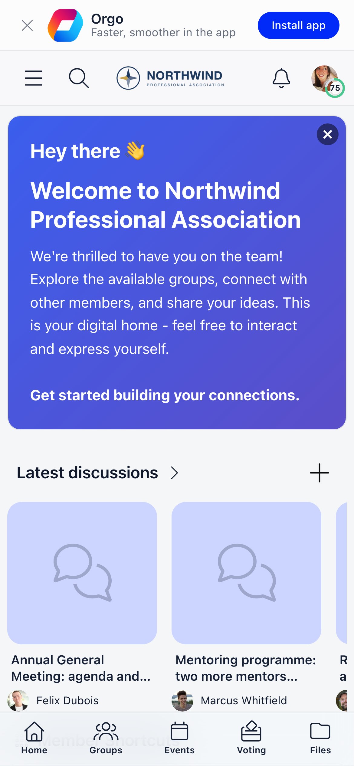 Install banner at the top of a mobile browser showing the app name, the line Faster smoother in the app, and an Install app button