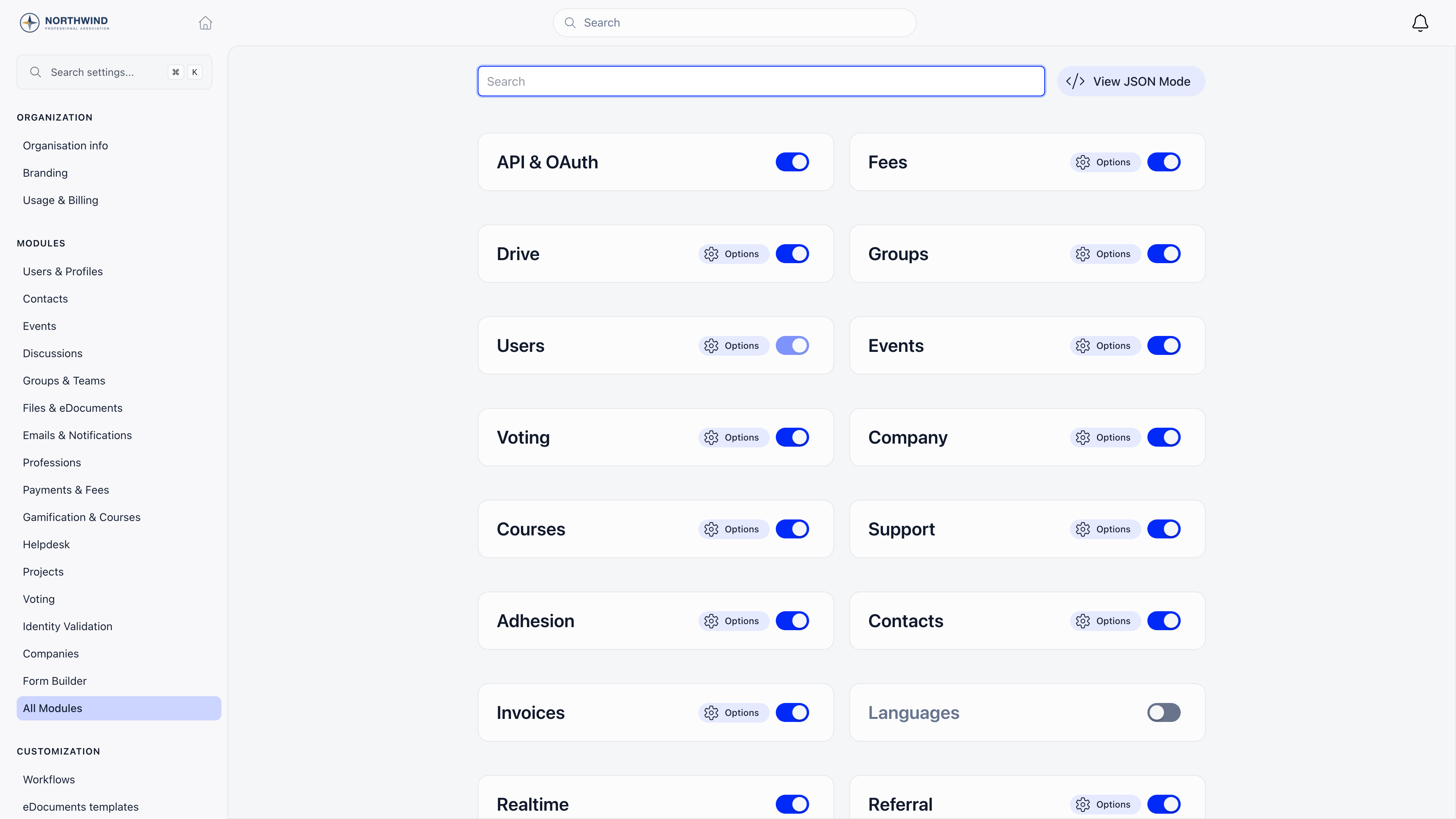 All Modules page showing a search box and a View JSON Mode button above a grid of module cards, each with its name and an on or off switch