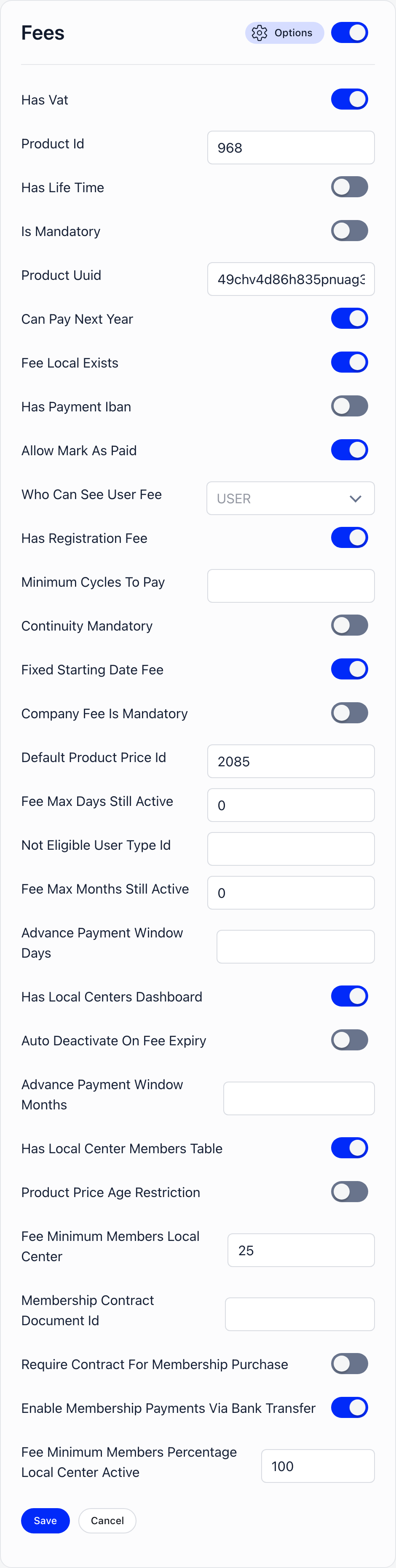 The Fees module card expanded on the All Modules page, showing its setting keys as switches, number boxes, text inputs and a permission dropdown, with save and cancel buttons underneath