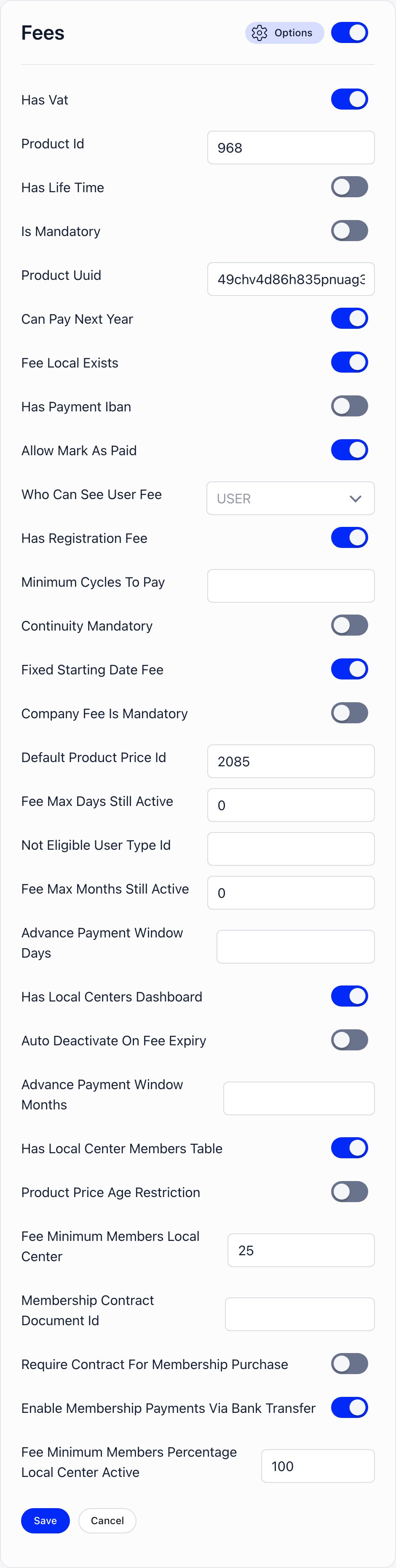 The Fees module card expanded on the All Modules page, showing its setting keys as switches, number boxes, text inputs and a permission dropdown, with save and cancel buttons underneath