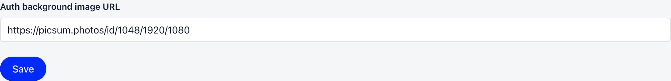 Auth background image URL field holding a background image address, with a Save button below it