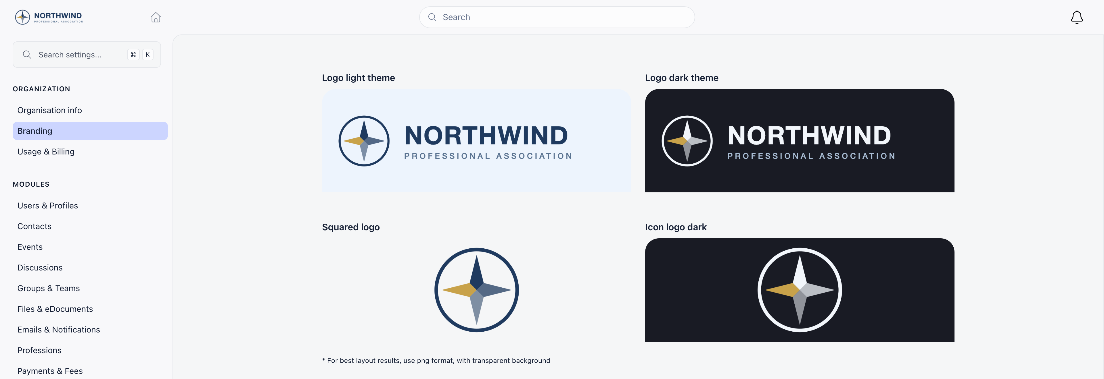 Branding page showing the four logo slots filled with the organization's wide light, wide dark, square and square dark logos, above the PNG format hint