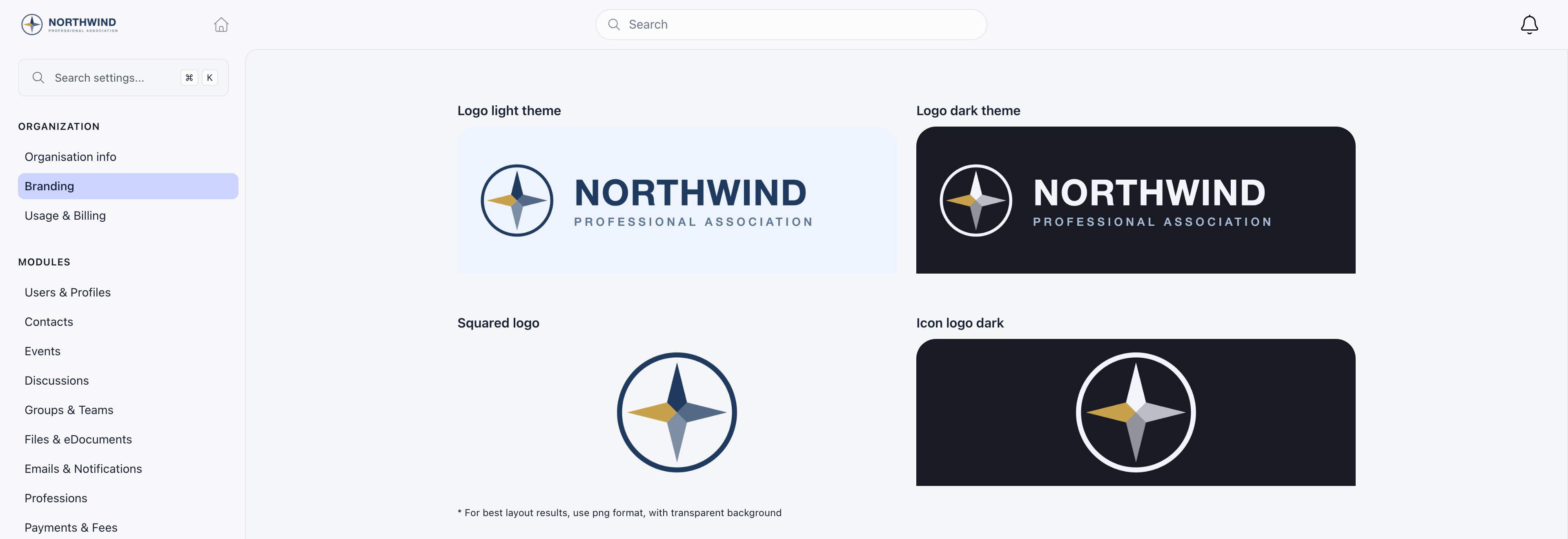 Branding page showing the four logo slots filled with the organization's wide light, wide dark, square and square dark logos, above the PNG format hint