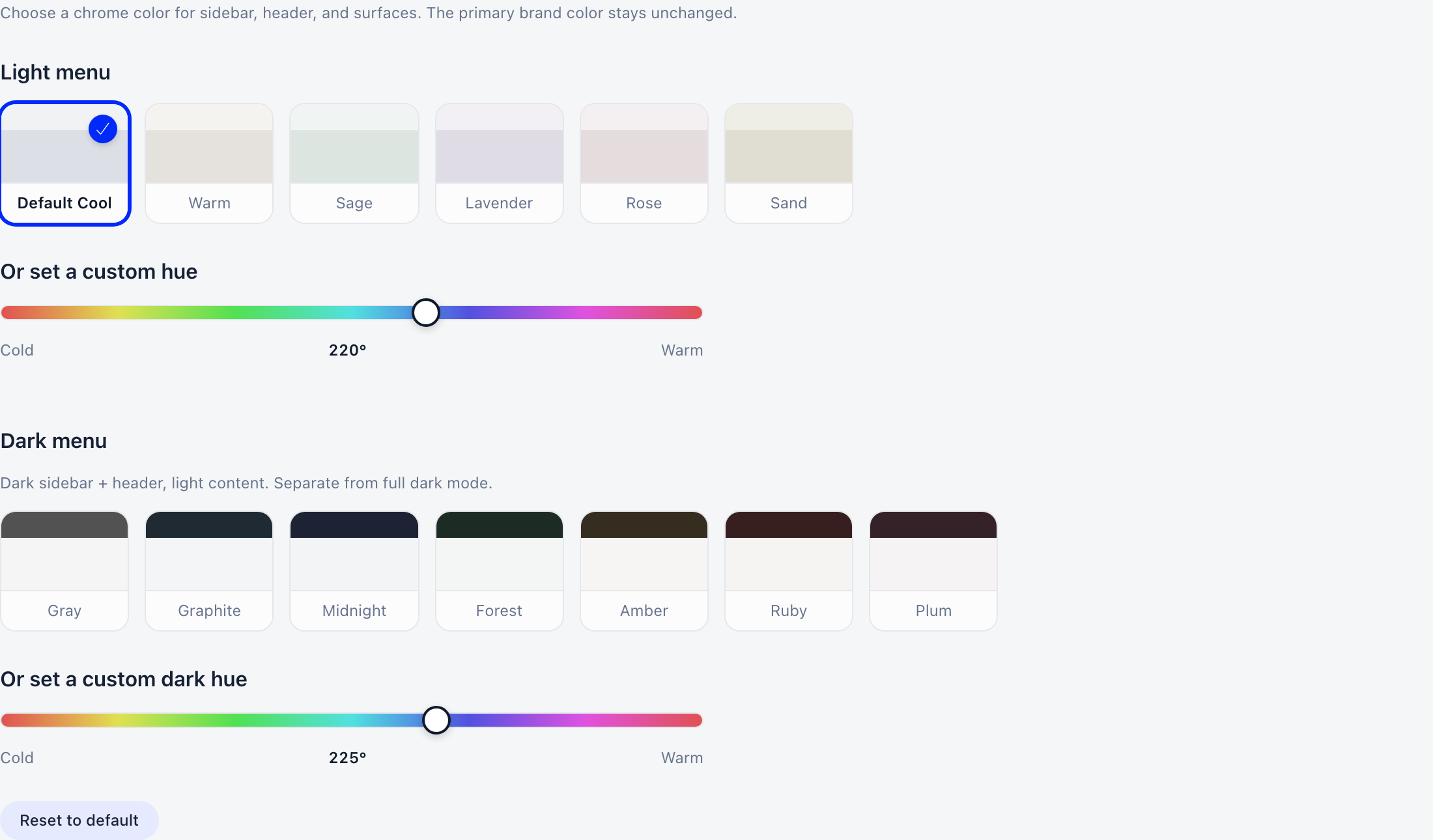 Theme picker showing the Light menu and Dark menu preset swatch rows, both hue sliders and the Reset to default button