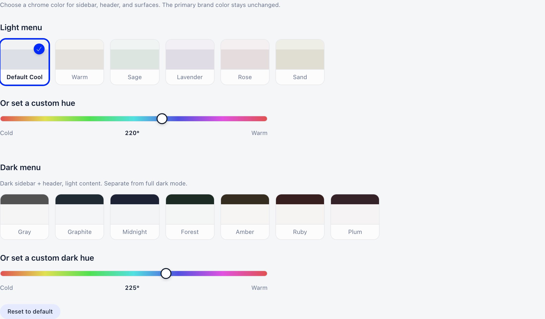 Theme picker showing the Light menu and Dark menu preset swatch rows, both hue sliders and the Reset to default button