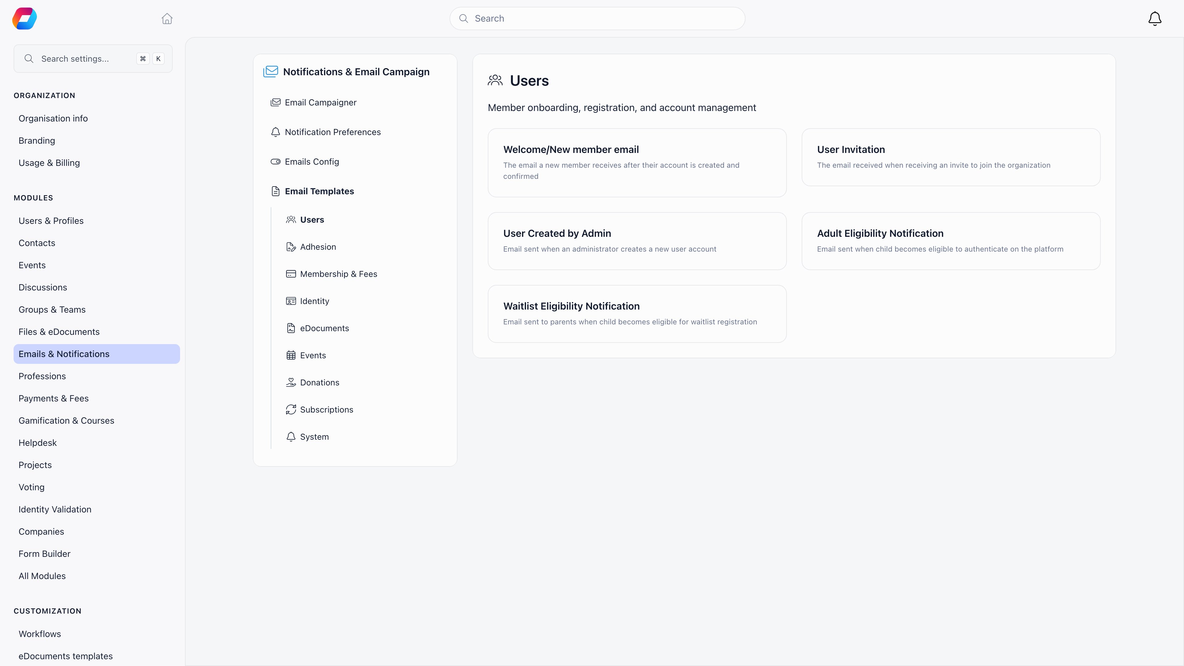 Email Templates screen with template categories in the sidebar and a grid of template cards for the Users category, each with a name and a one-line description