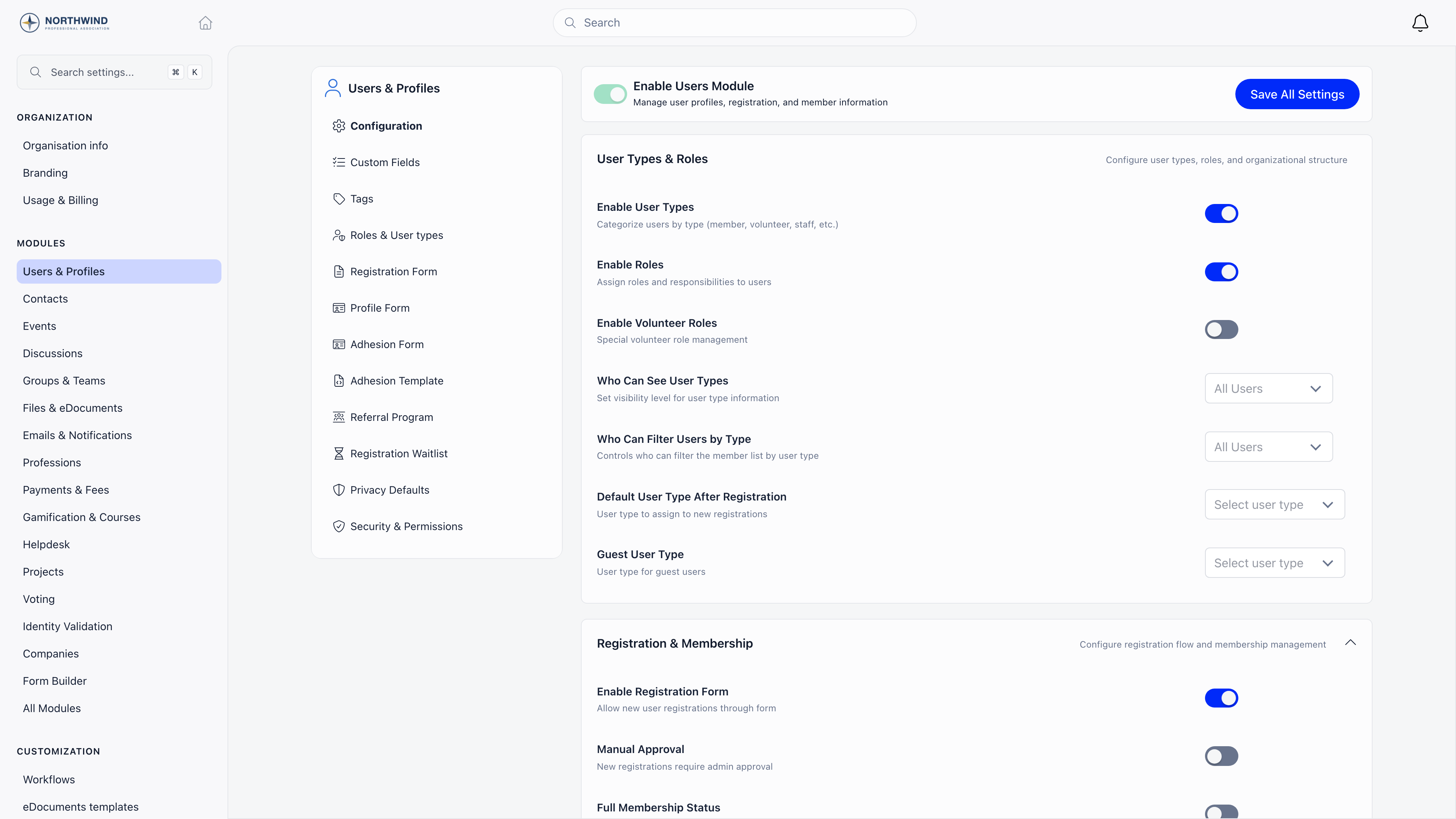 Users and Profiles module page with the tab list on the left and the User Types and Roles settings section on the right