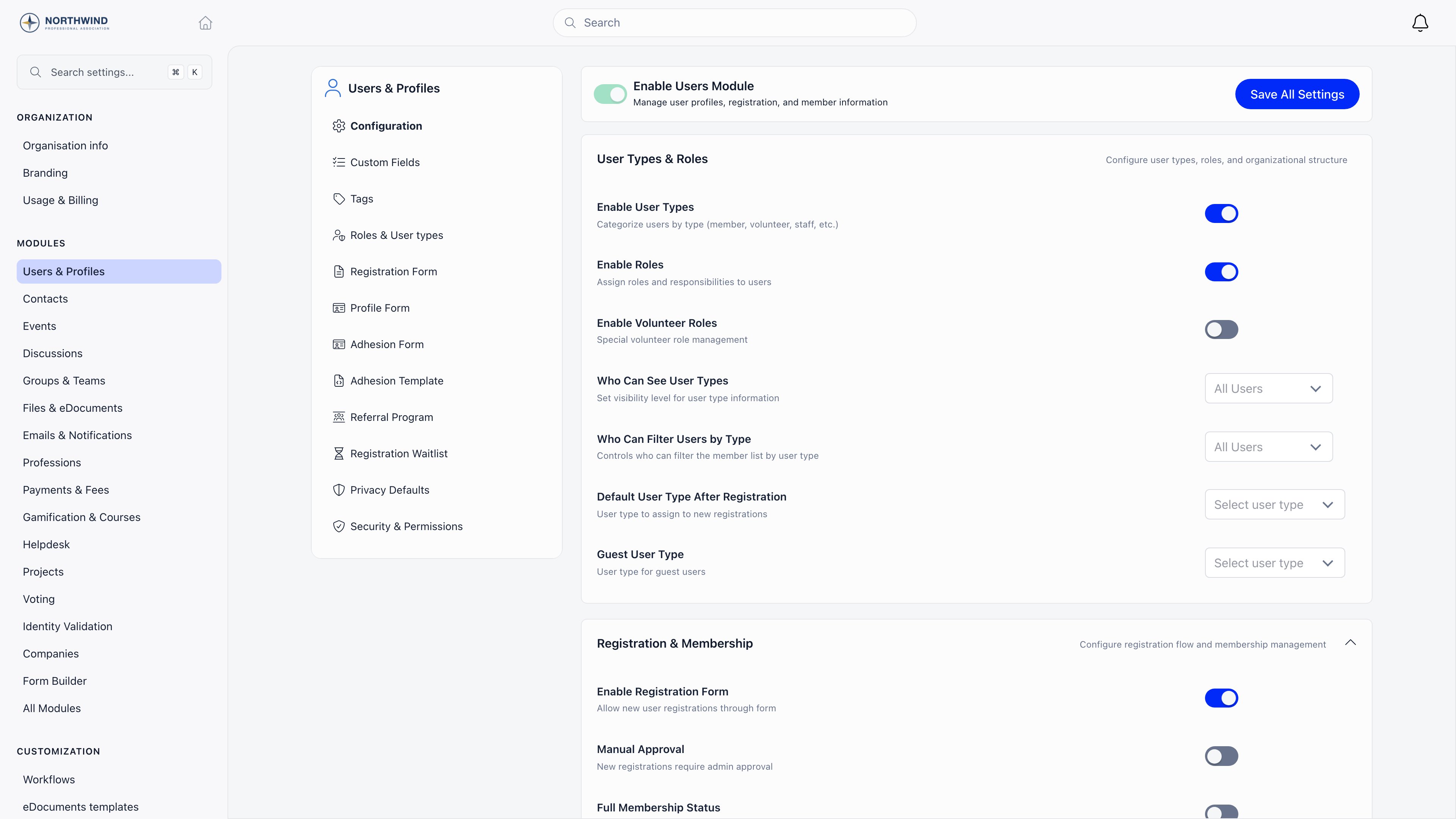 Users and Profiles module page with the tab list on the left and the User Types and Roles settings section on the right