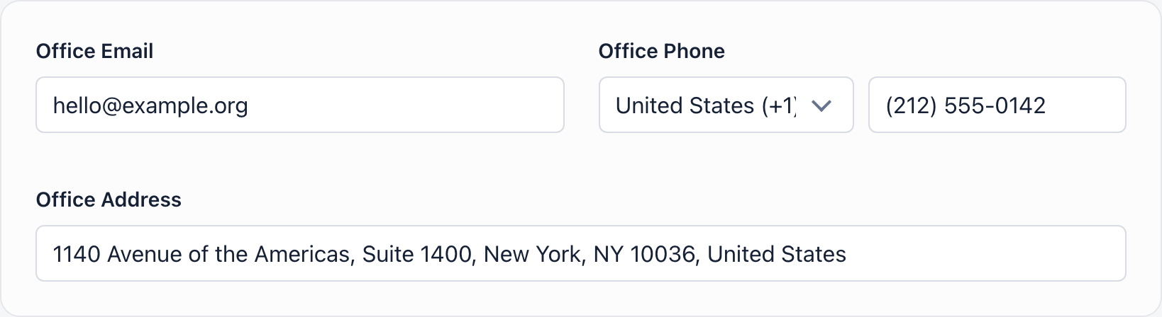Contact card with office email, office phone country selector and number, and office address