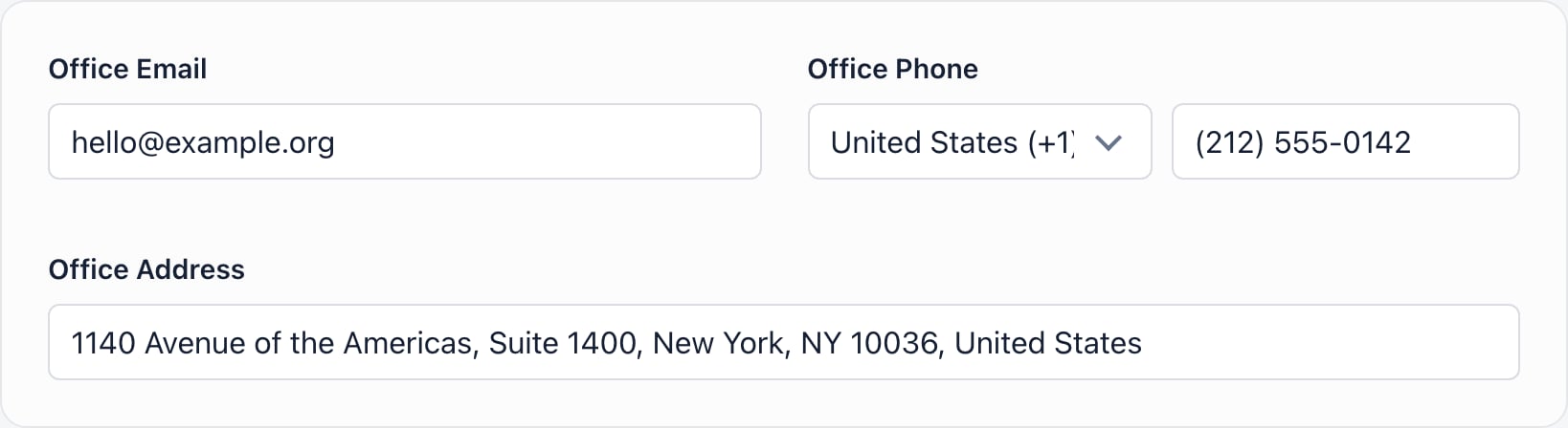 Contact card with office email, office phone country selector and number, and office address