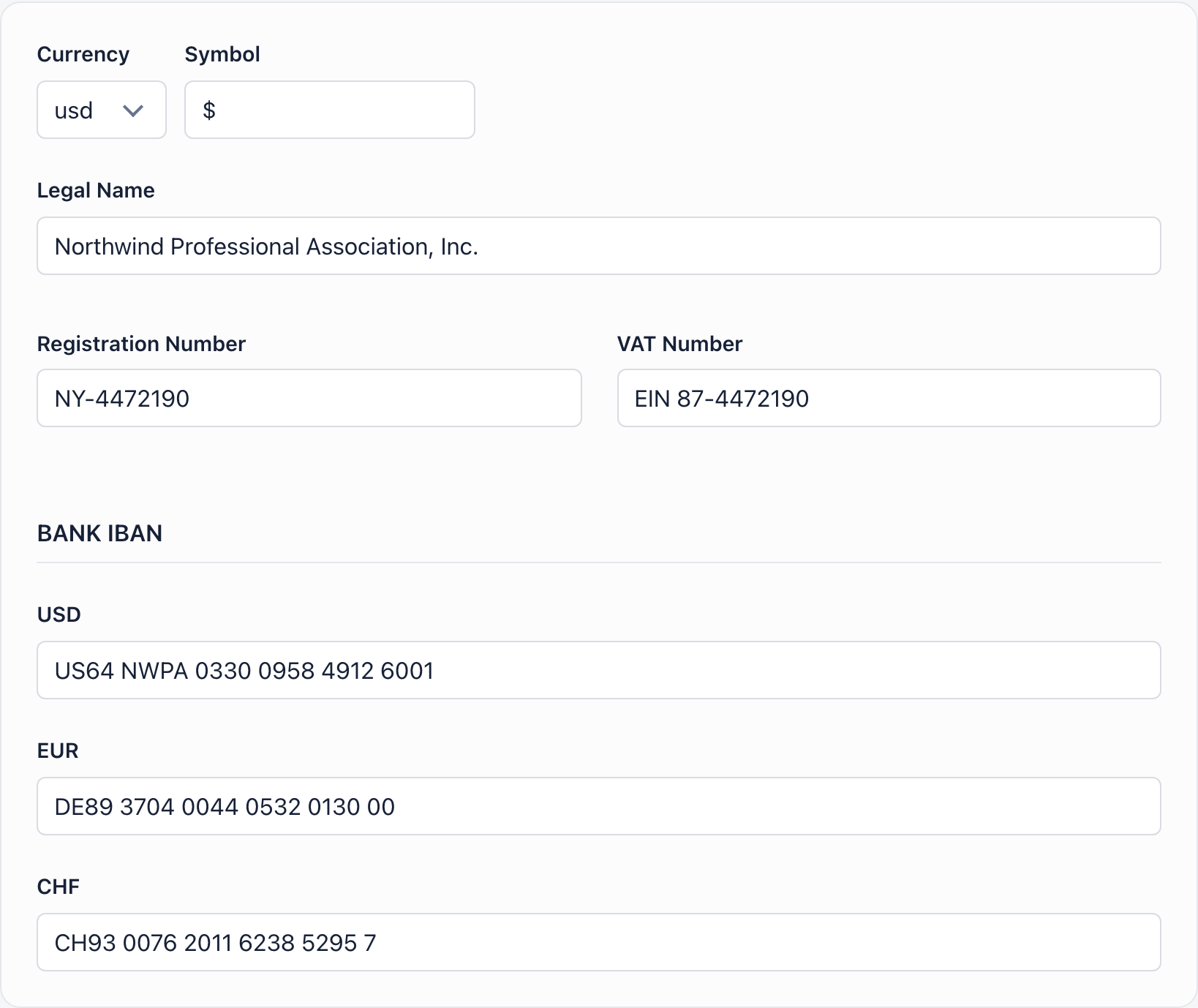 Financial card with currency and symbol, legal name, registration number, VAT number and the bank IBAN block