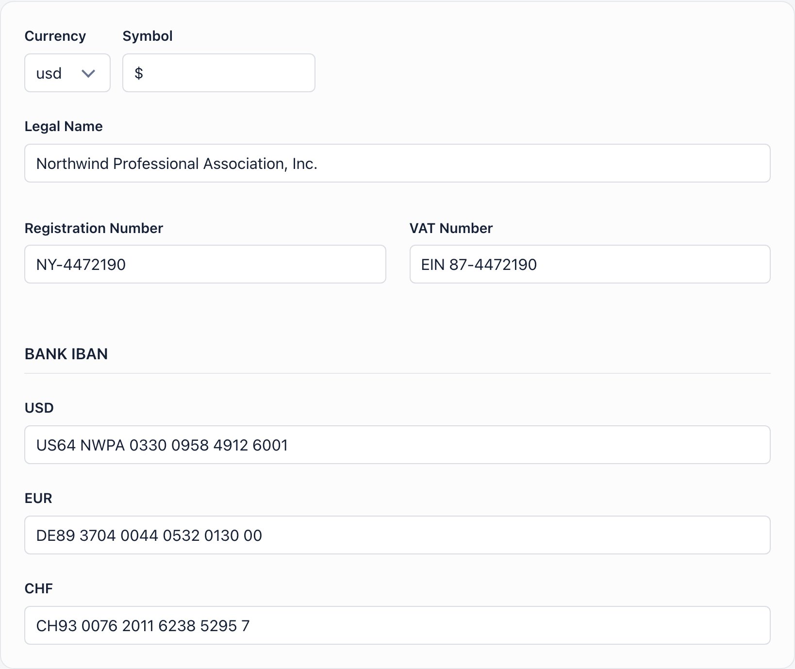 Financial card with currency and symbol, legal name, registration number, VAT number and the bank IBAN block