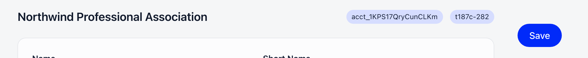 Page header showing organization name, Stripe account tag, workspace slug tag and the Save button