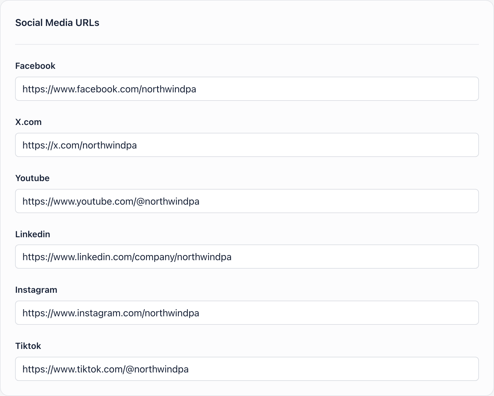 Social media card with Facebook, X.com, Youtube, Linkedin, Instagram and Tiktok URL fields
