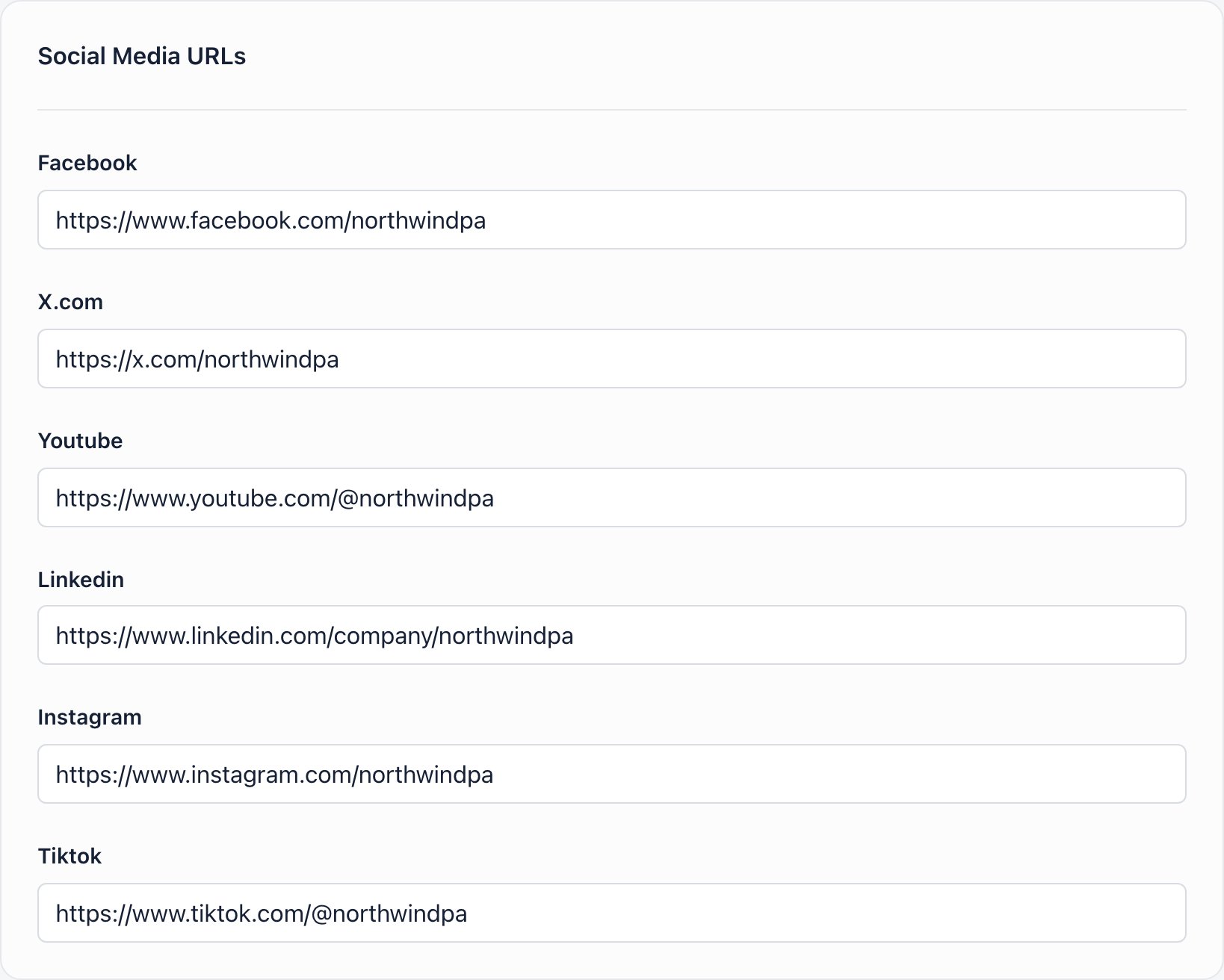 Social media card with Facebook, X.com, Youtube, Linkedin, Instagram and Tiktok URL fields