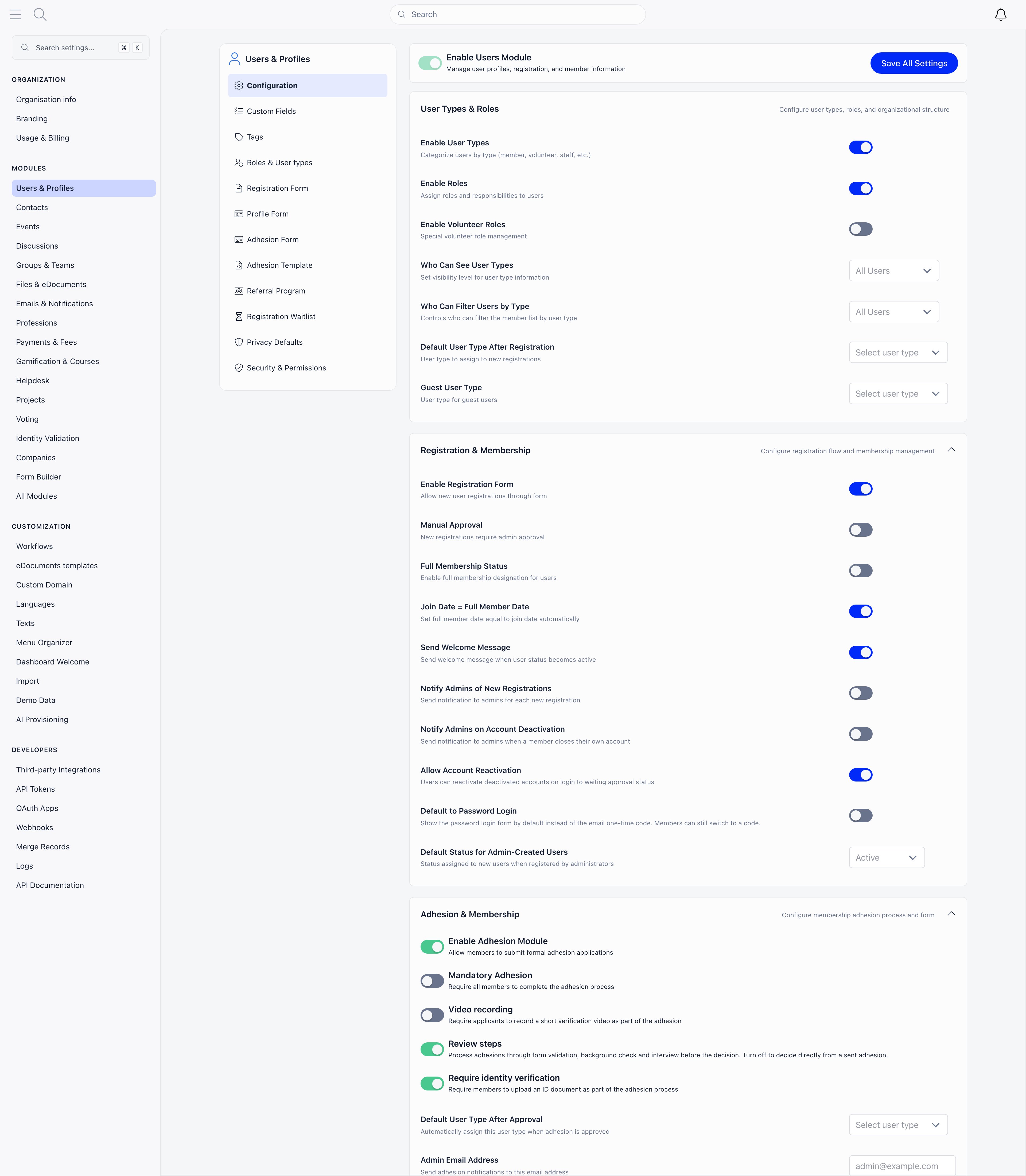 Settings area with the Organization, Modules, Customization and Developers sidebar next to a module configuration page