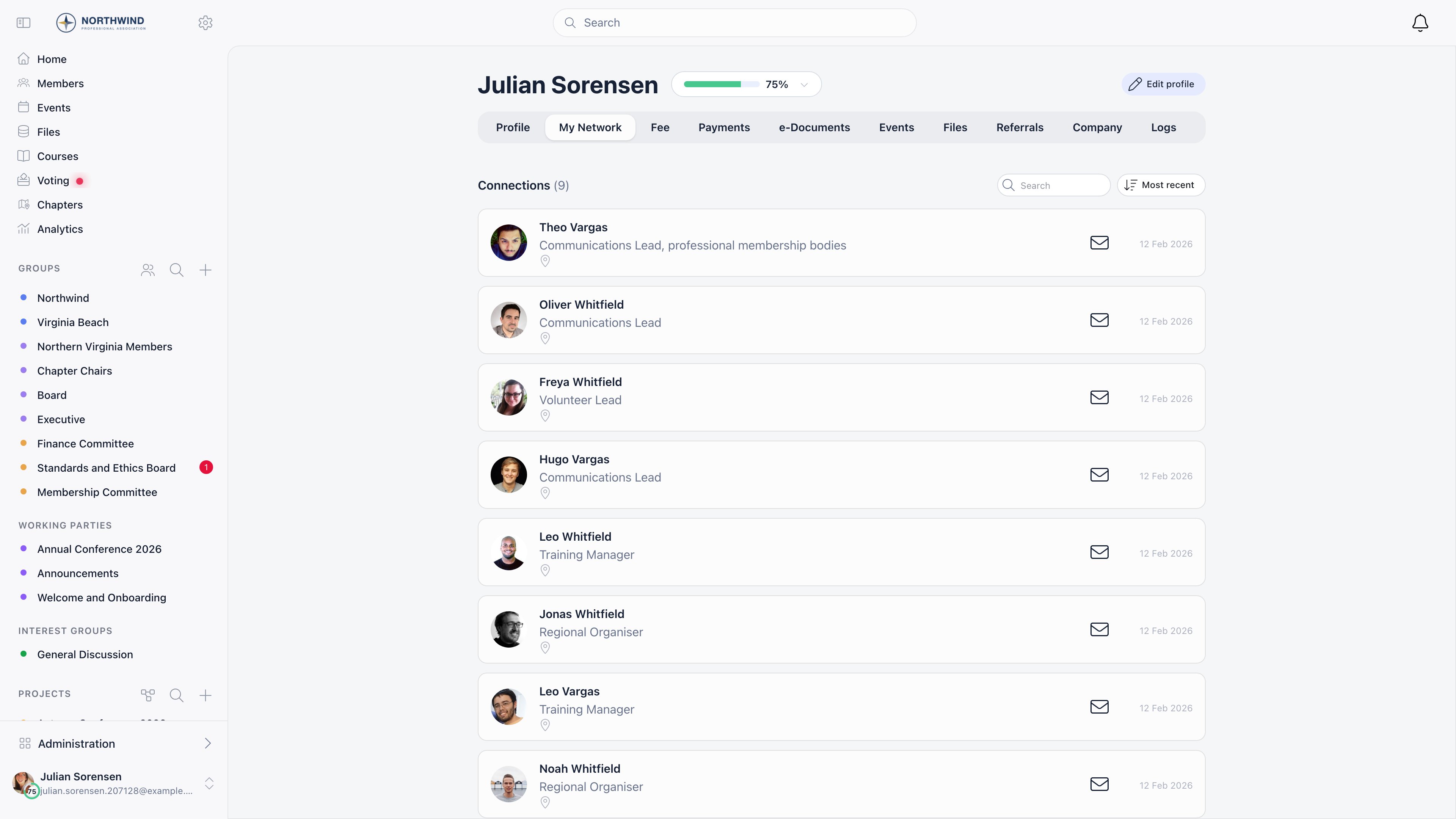 My Network tab on your own profile listing accepted connections as rows with a count, a search box and a sort dropdown
