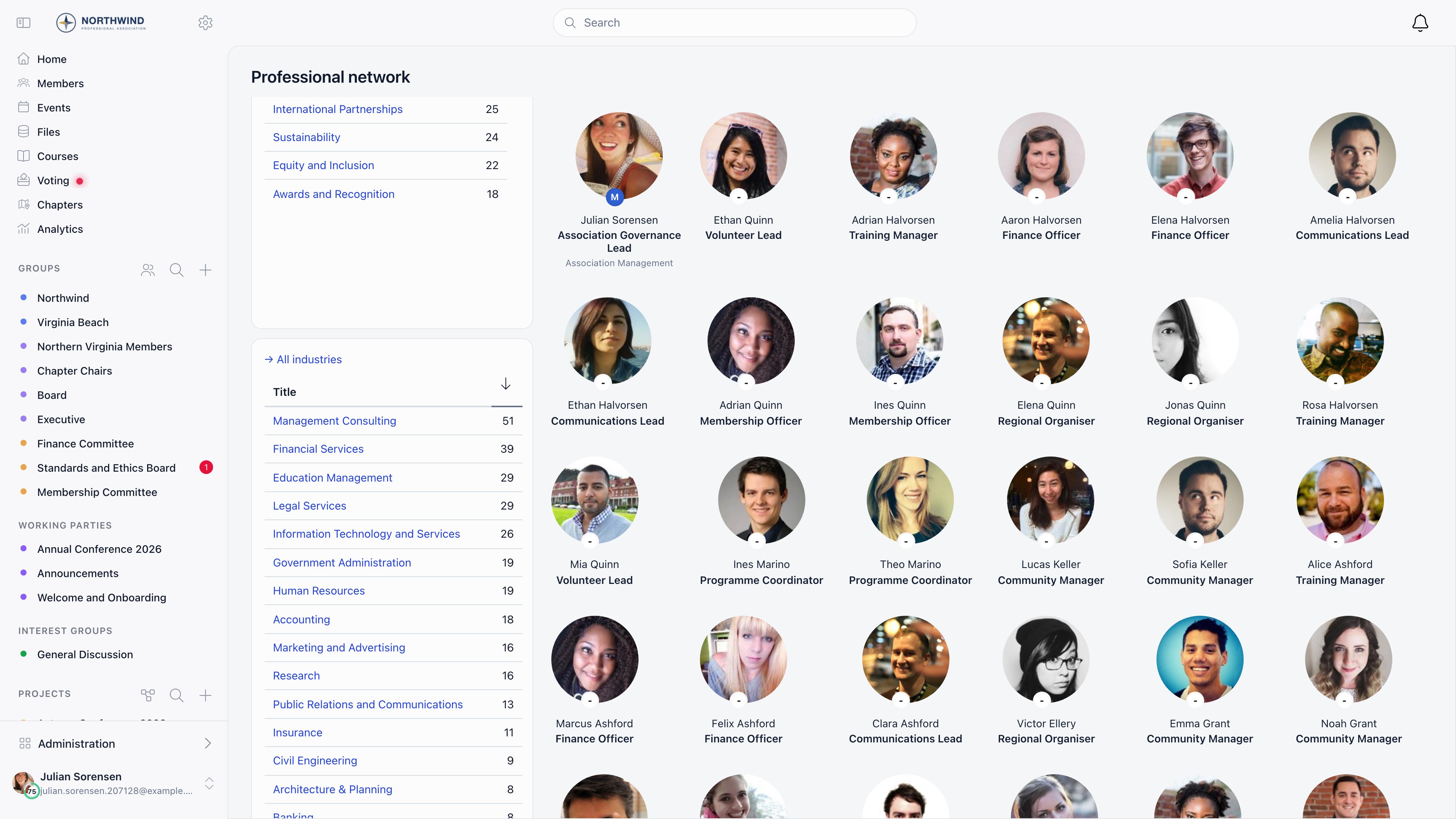 Professional network page with the interests and industry lists in the left column, each row showing its member count, next to a grid of member cards with name and profession headline