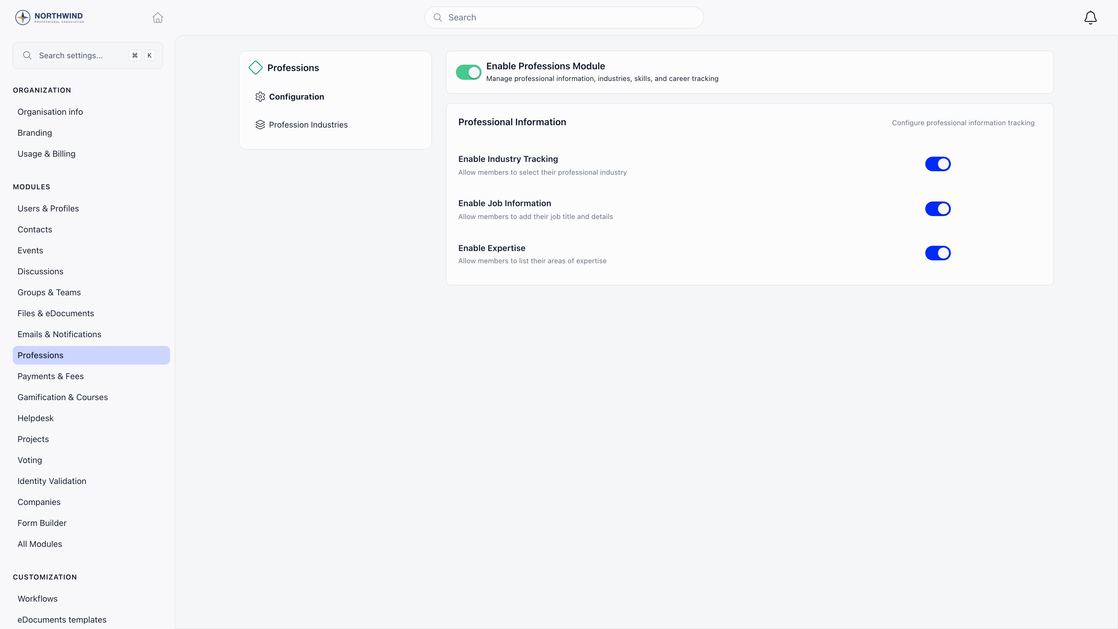 Professions module settings with the master Enable Professions Module switch and a Professional Information section holding Enable Industry Tracking, Enable Job Information and Enable Expertise