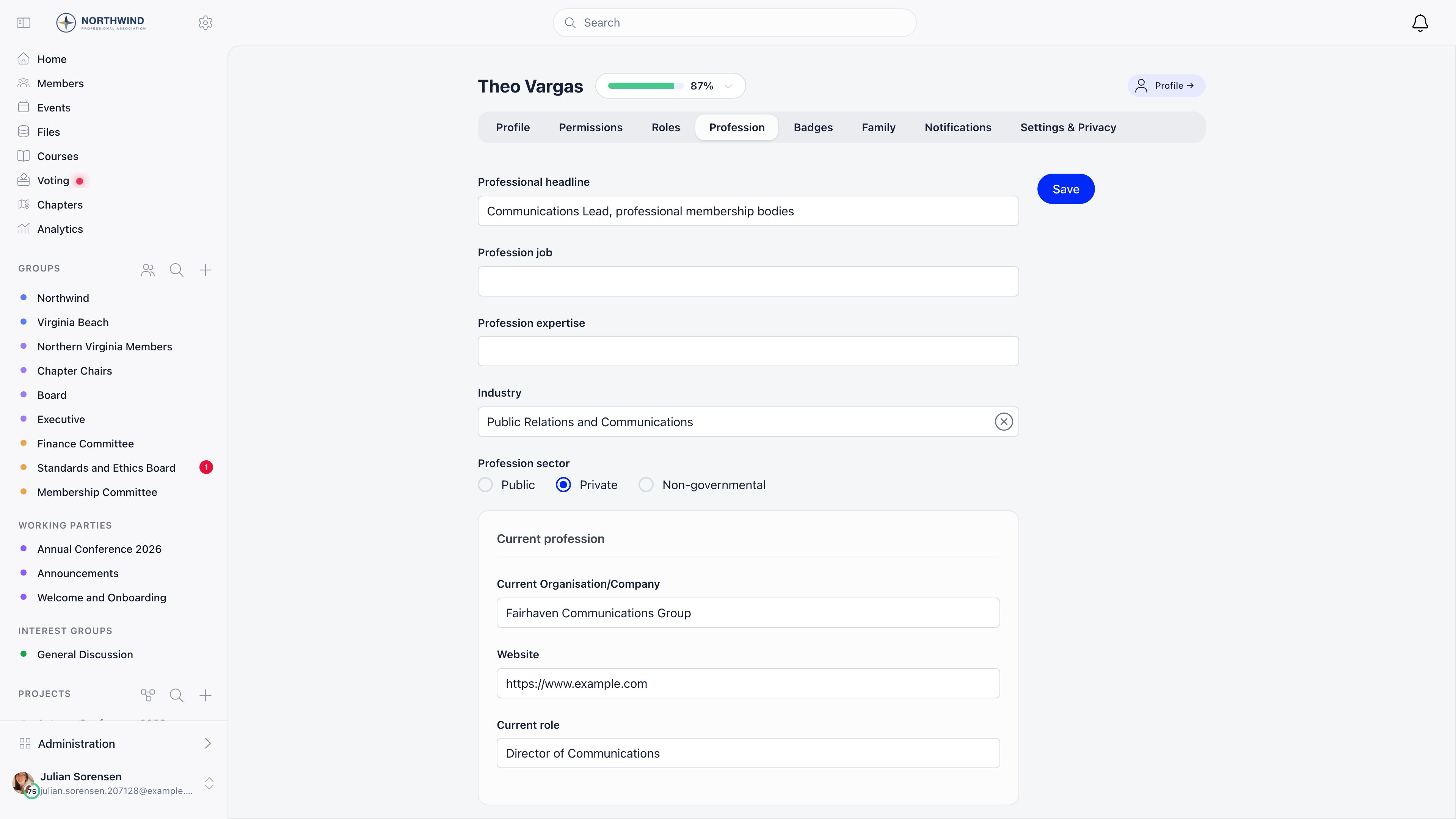 Profession tab of a member profile with profession headline, job and expertise pickers, industry, a public private non-governmental sector choice and a Current profession card
