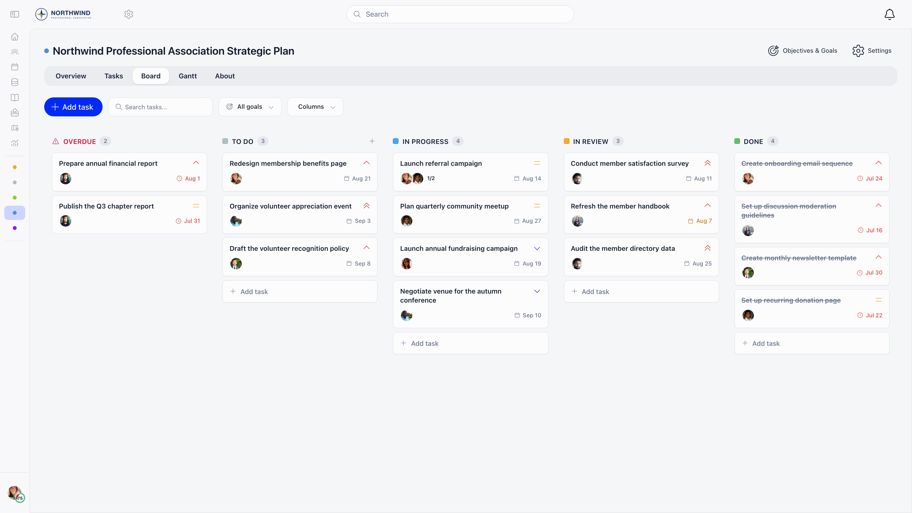 Kanban board with Overdue, To do, In Progress, In Review and Done columns holding task cards with avatars, priority icons and due dates