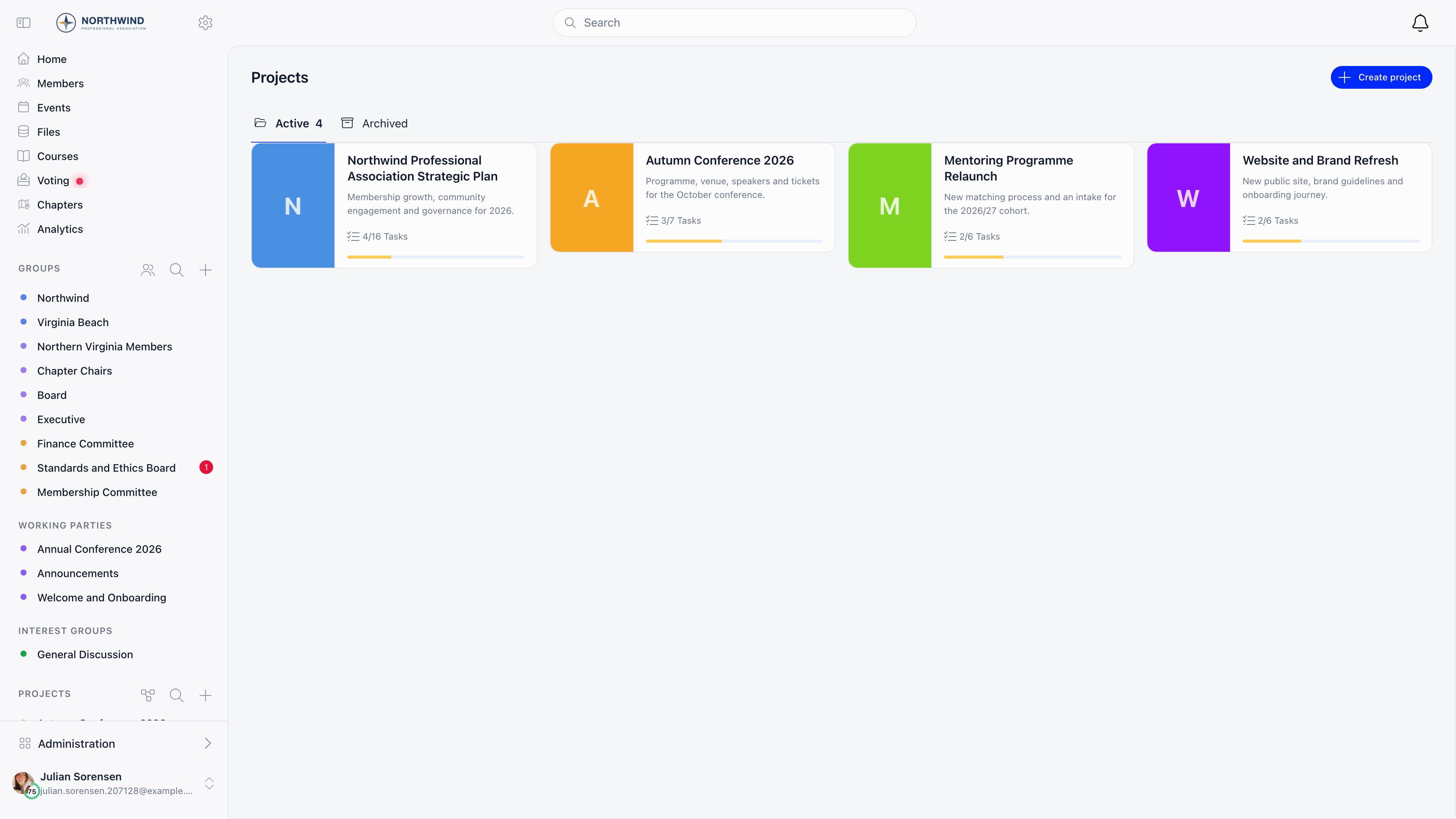 Projects page showing Active and Archived tabs and project cards with a coloured tile, a description and a completed task count with a progress bar