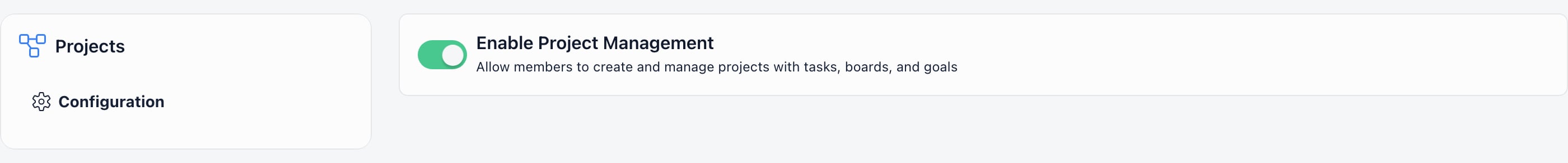 Projects module settings with the Enable Project Management switch turned on and its helper text