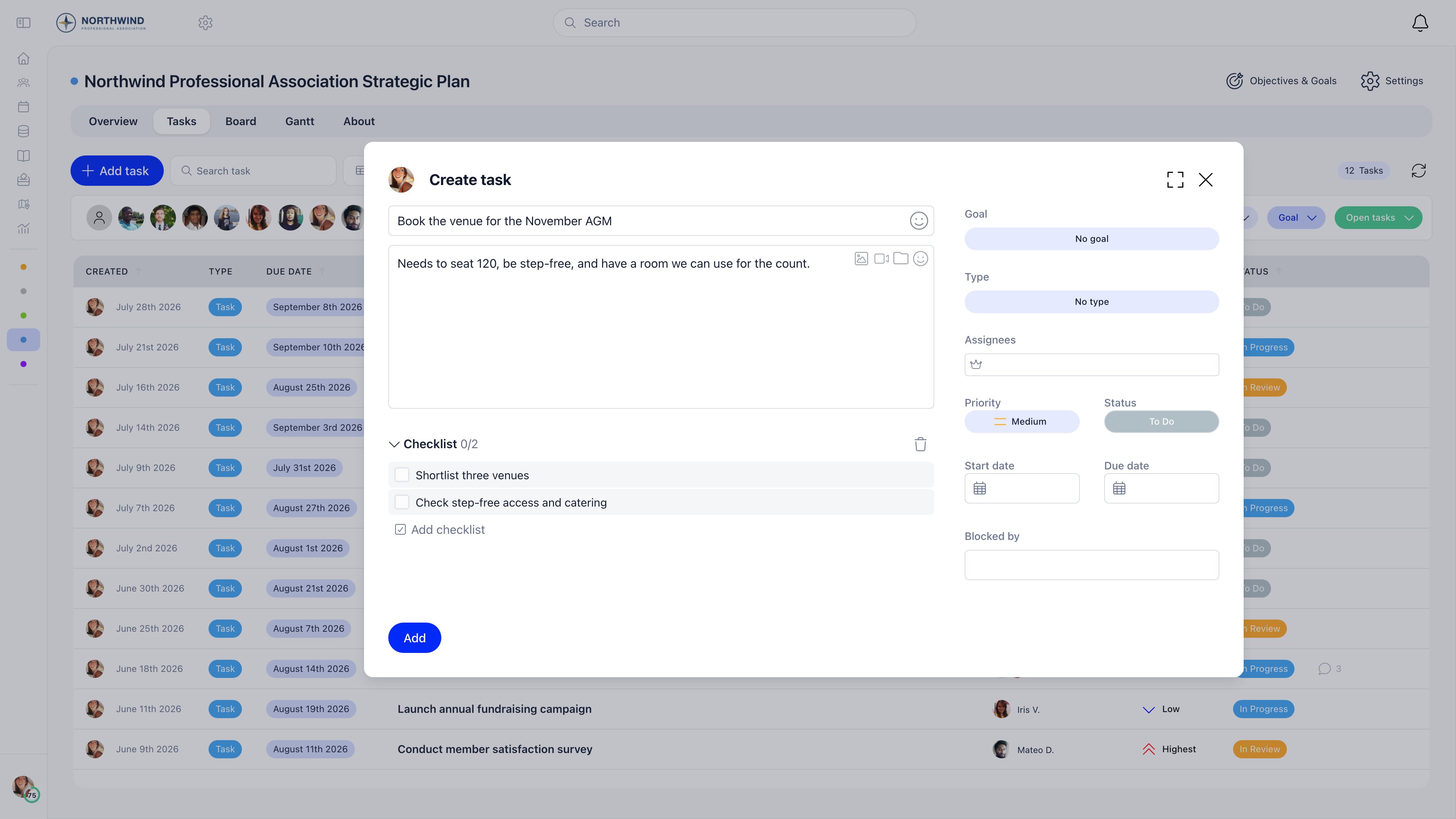 New task modal with a title, a description, a two item checklist and a side panel holding goal, type, assignees, priority, status and dates