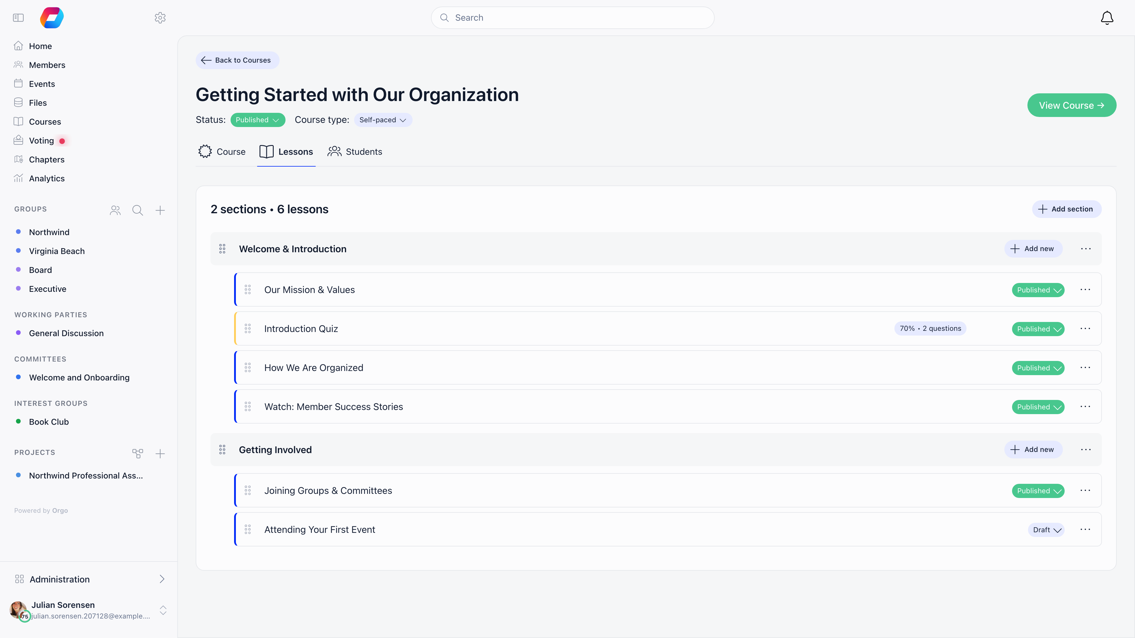Course builder Lessons tab showing sections with nested lessons and quizzes, drag handles, per-item Draft and Published tags, and an Add new menu