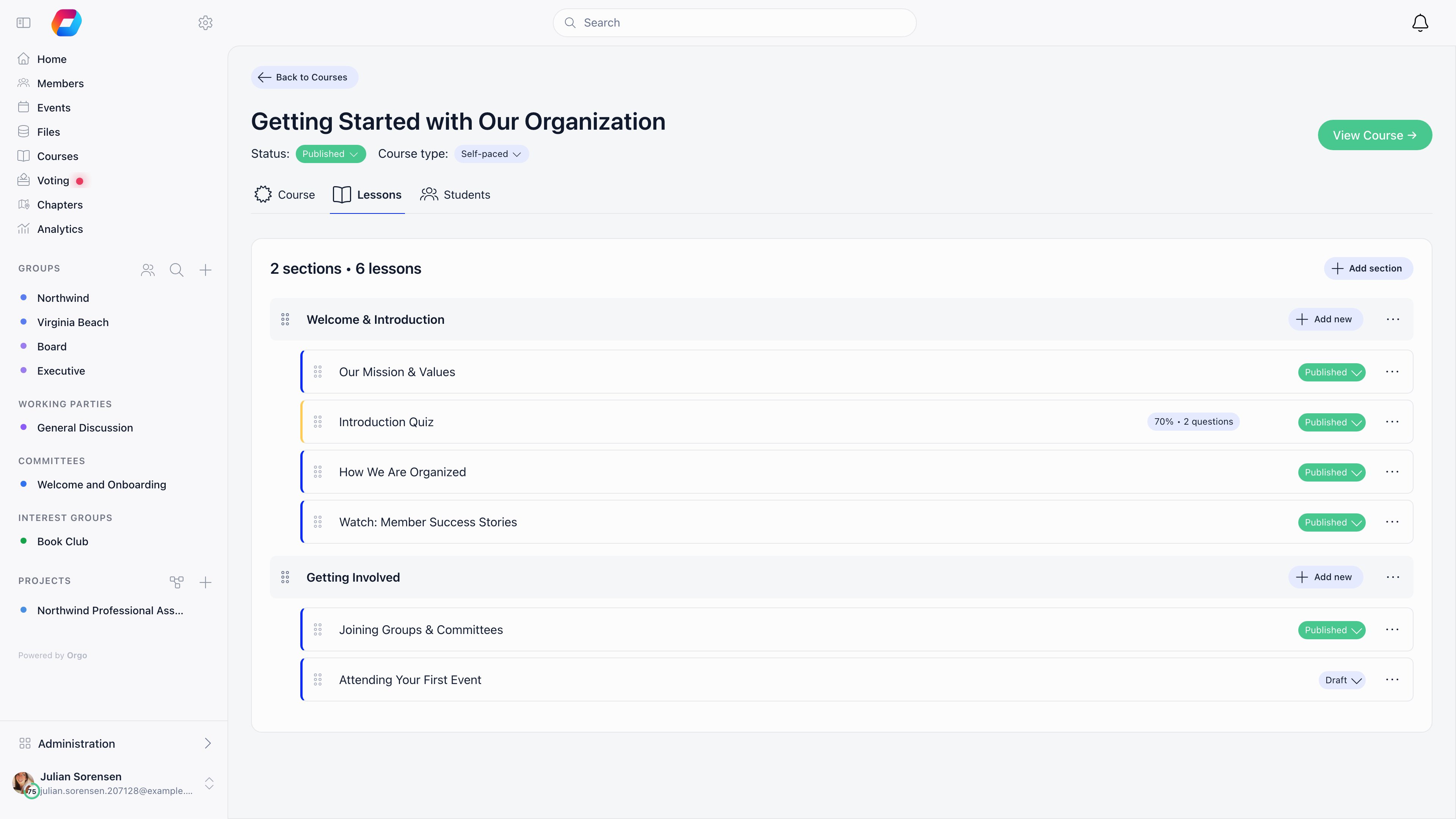 Course builder Lessons tab showing sections with nested lessons and quizzes, drag handles, per-item Draft and Published tags, and an Add new menu