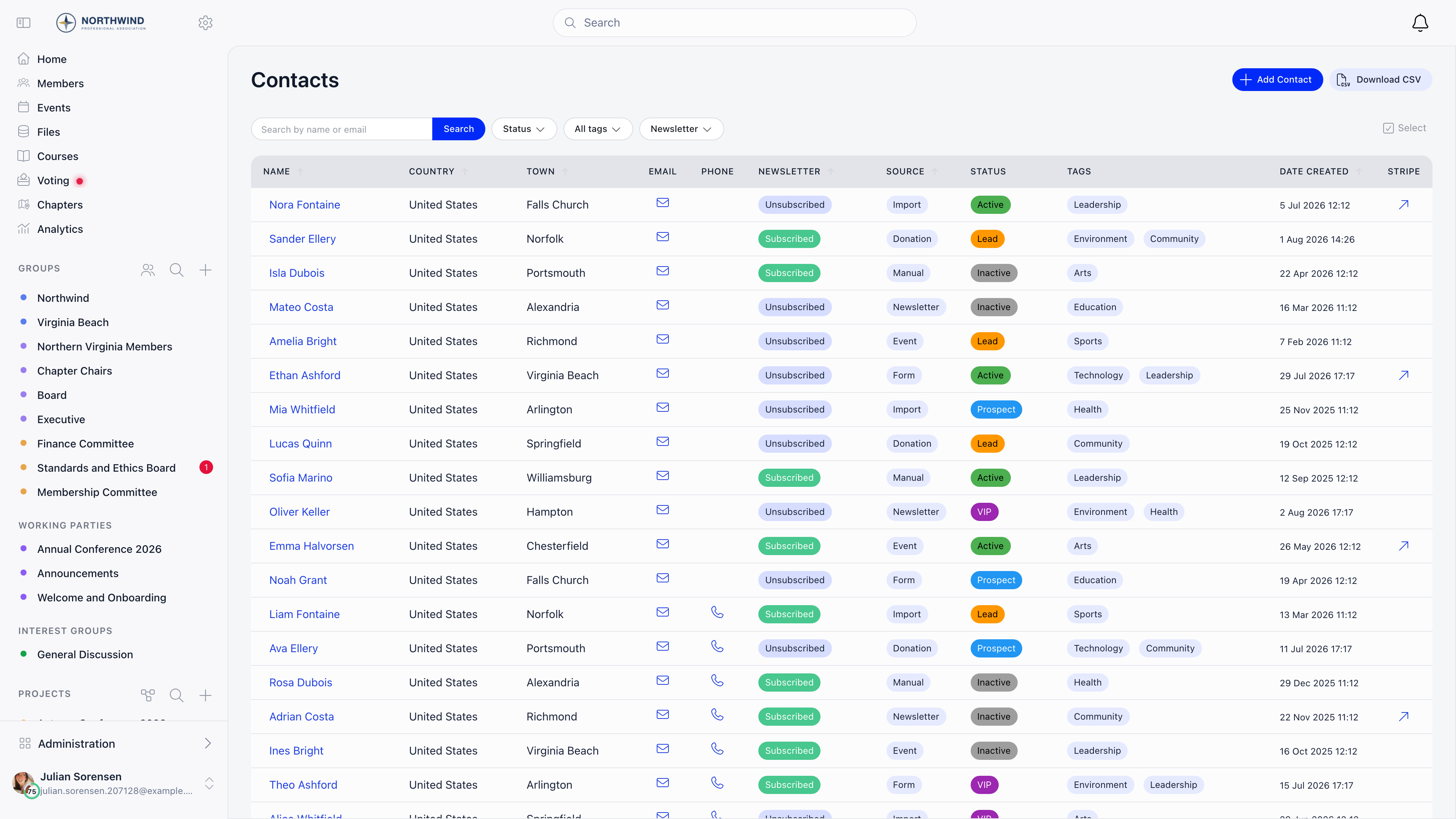 Contacts directory with newsletter, status and tag columns and a search bar