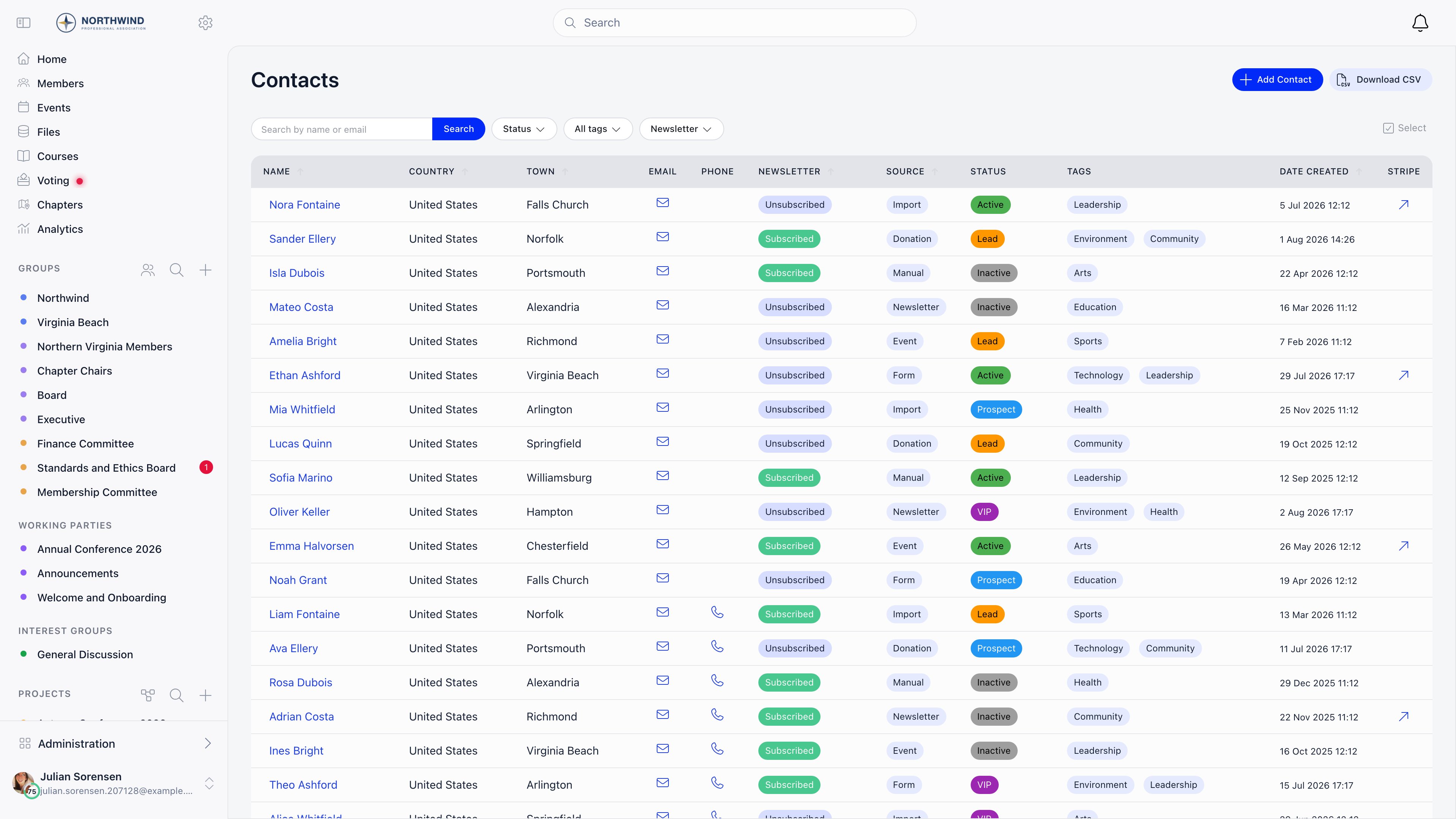 Contacts directory with newsletter, status and tag columns and a search bar