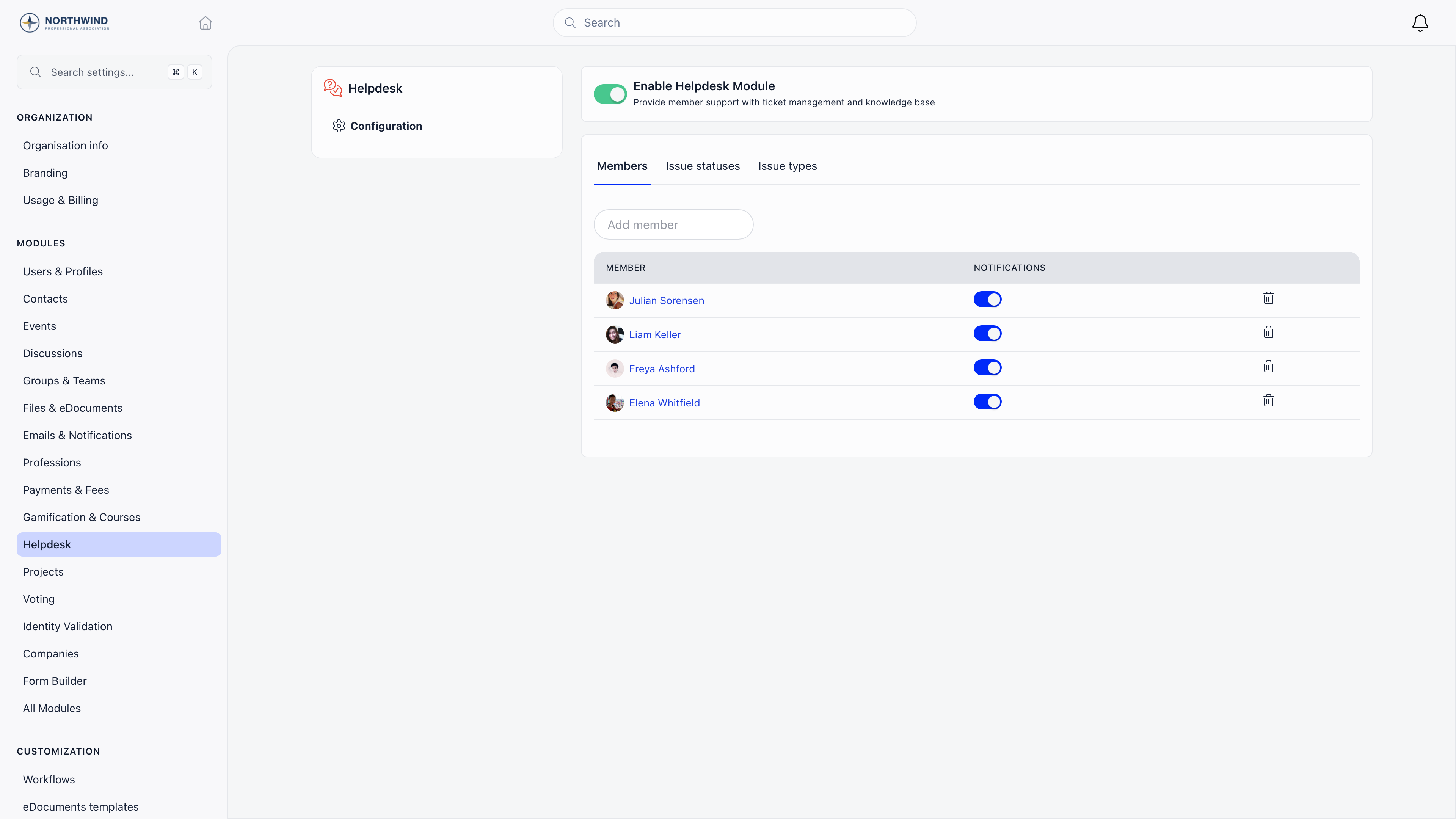 Helpdesk module settings with the Members, Issue statuses and Issue types tabs