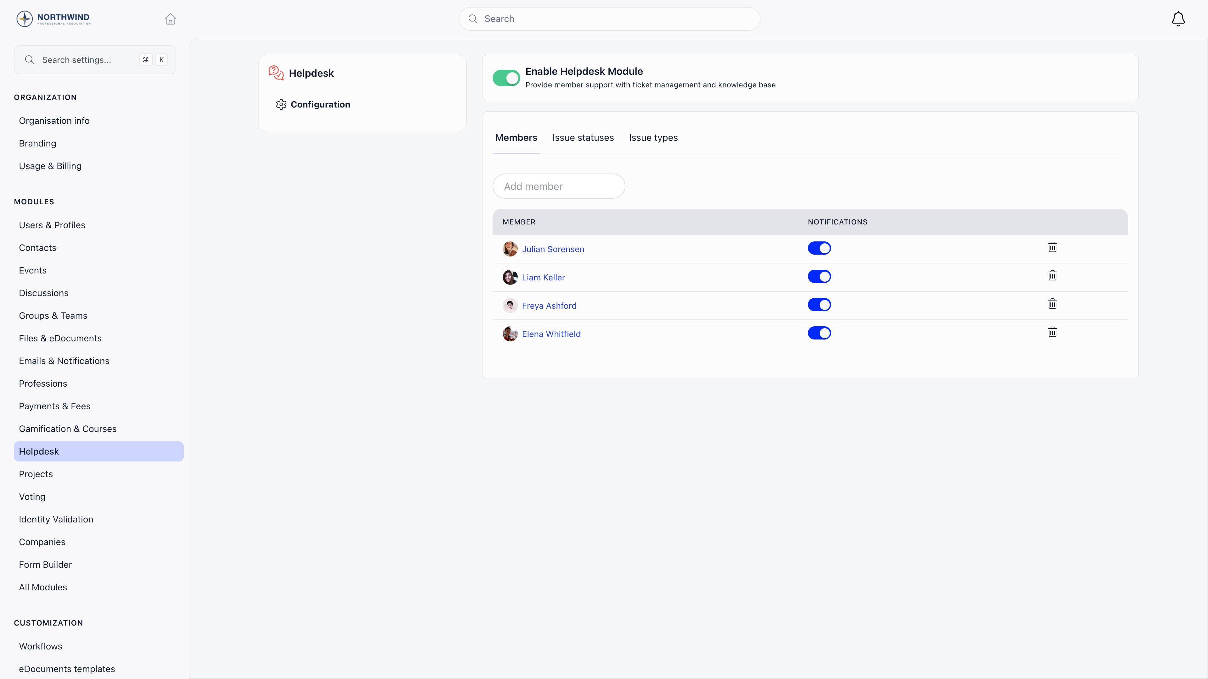 Helpdesk module settings with the Members, Issue statuses and Issue types tabs